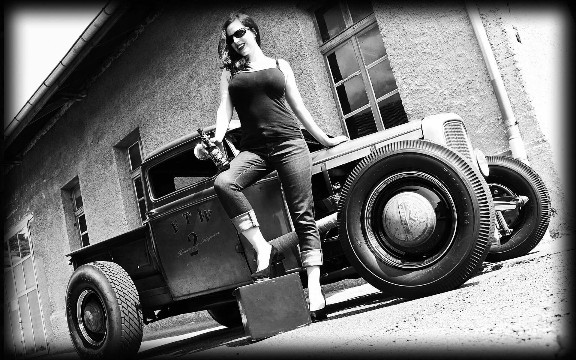1920x1200 vehicles cars auto hot rod rat classic retro old wheels black white  architecture buildings brick women