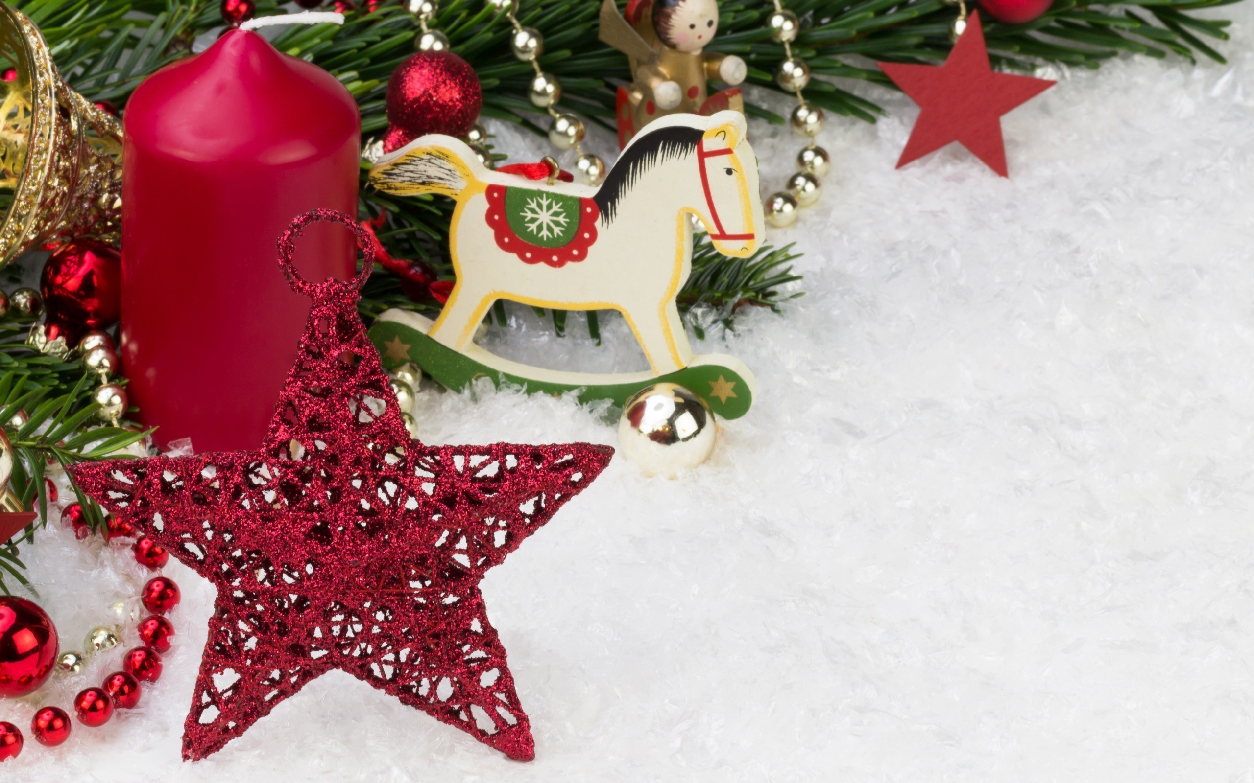 2560x1600 new year snow horse decorations stars candles christmas ornaments Wallpaper  HD