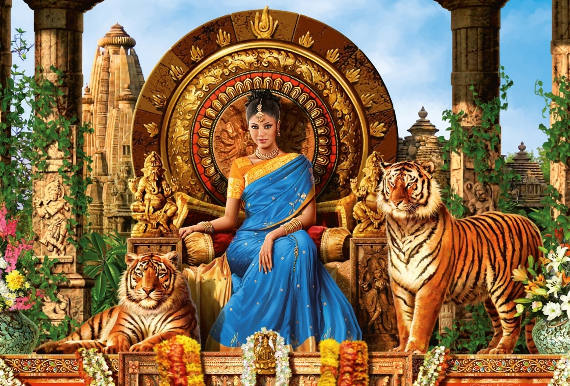1920x1300 Artistic - Women India Tiger Saree Temple Jungle Tiger Queen Fantasy Woman  Girl Princess Egyptian Throne