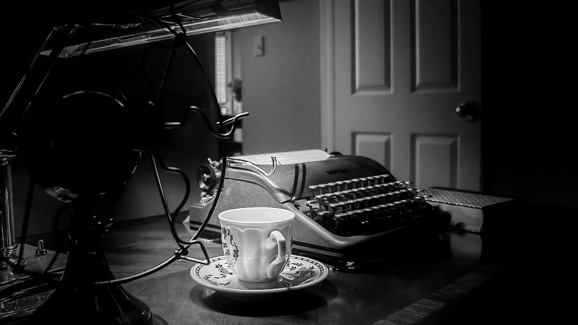 1920x1080 film noir shot of old fan and typewriter. Stock Video Footage - VideoBlocks