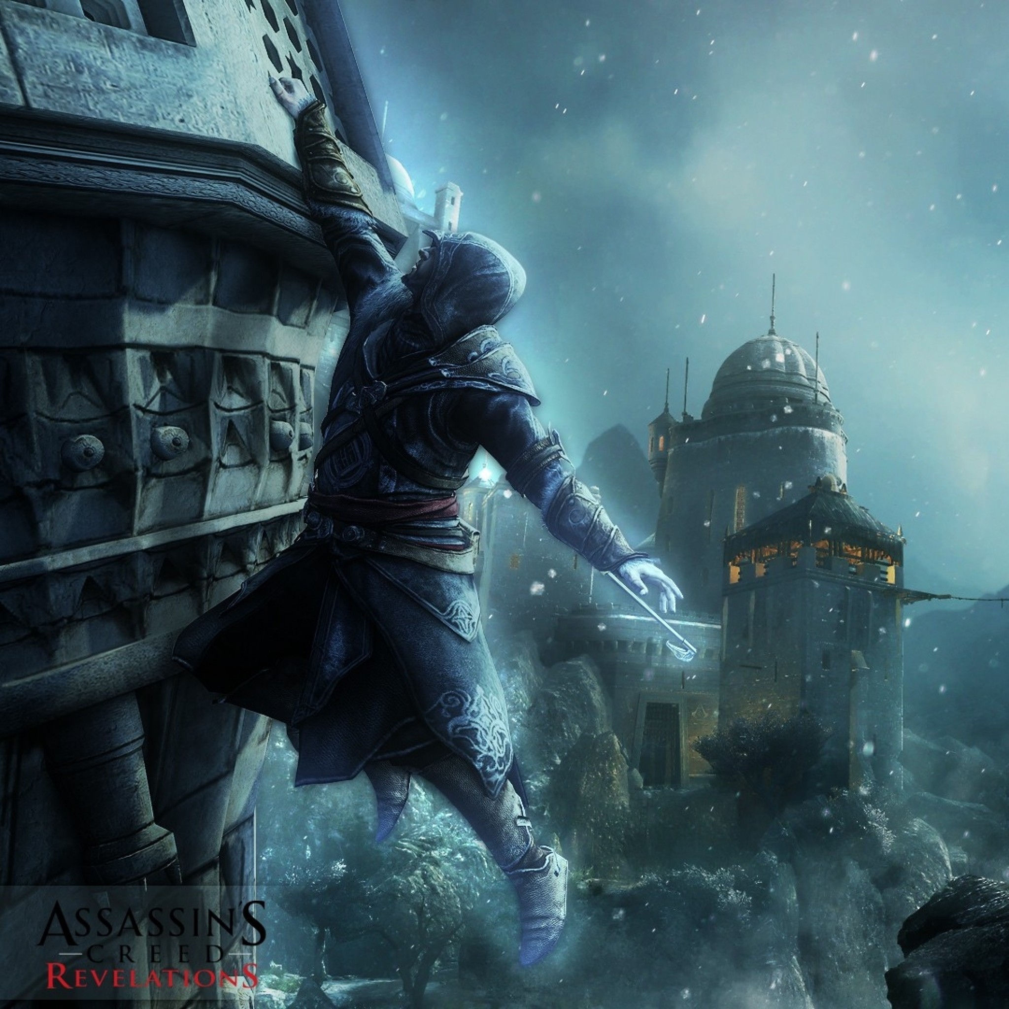 2048x2048 Preview wallpaper assassins creed revelations, desmond miles, castle, wall,  snow, mountains