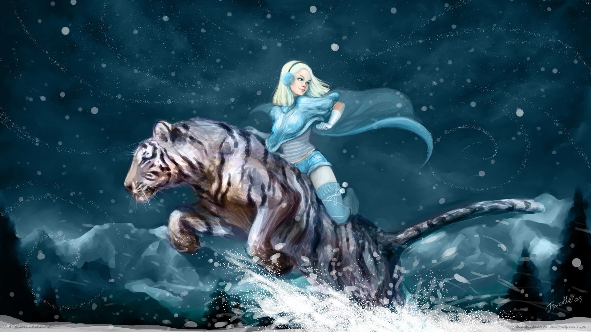 1920x1080 Anime Girl White Tiger Winter Snow Mountains Night Hd - Your HD Wallpaper  (shared via SlingPic)
