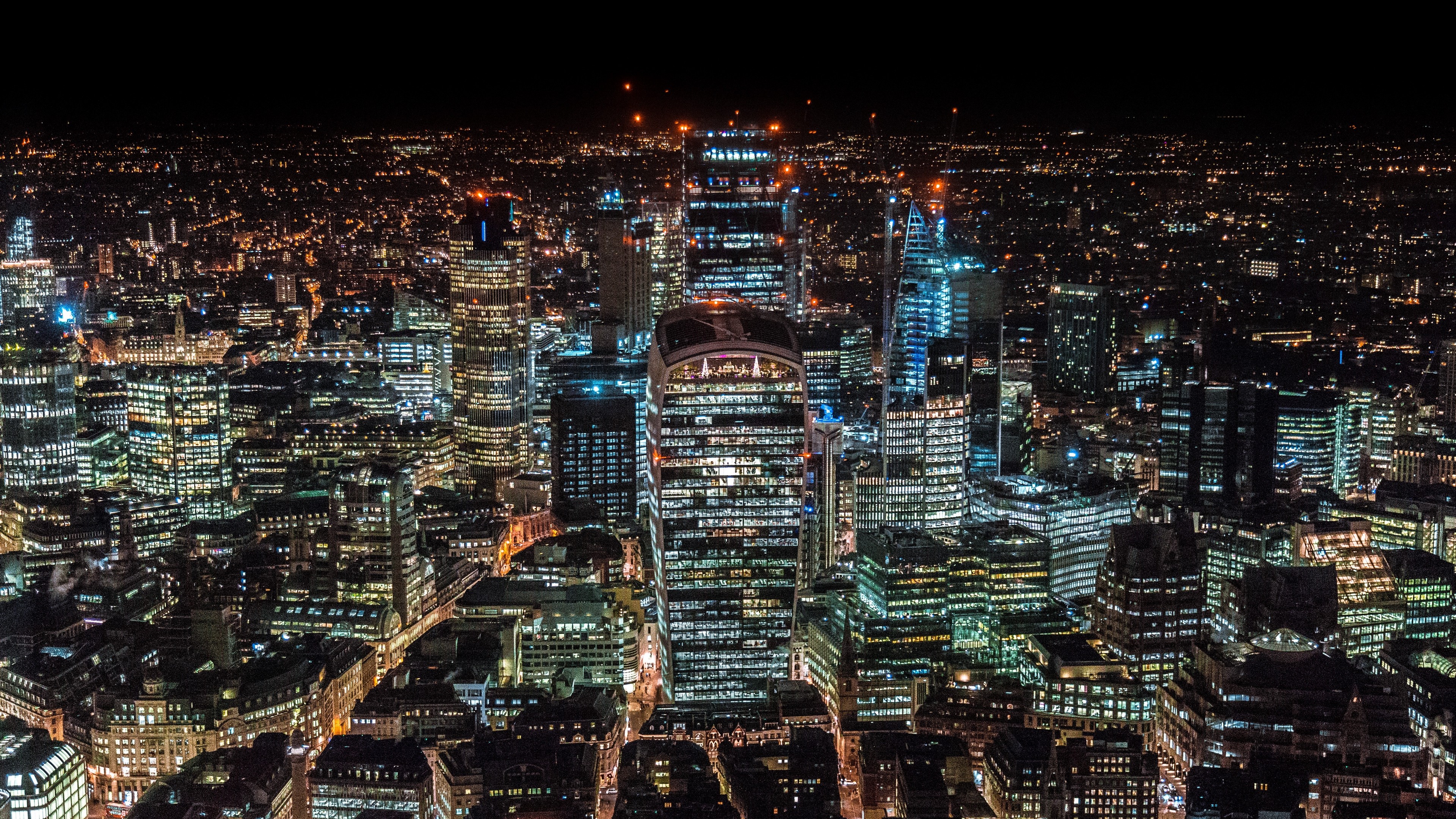 3840x2160  Wallpaper london, united kingdom, skyscrapers, top view, night  city
