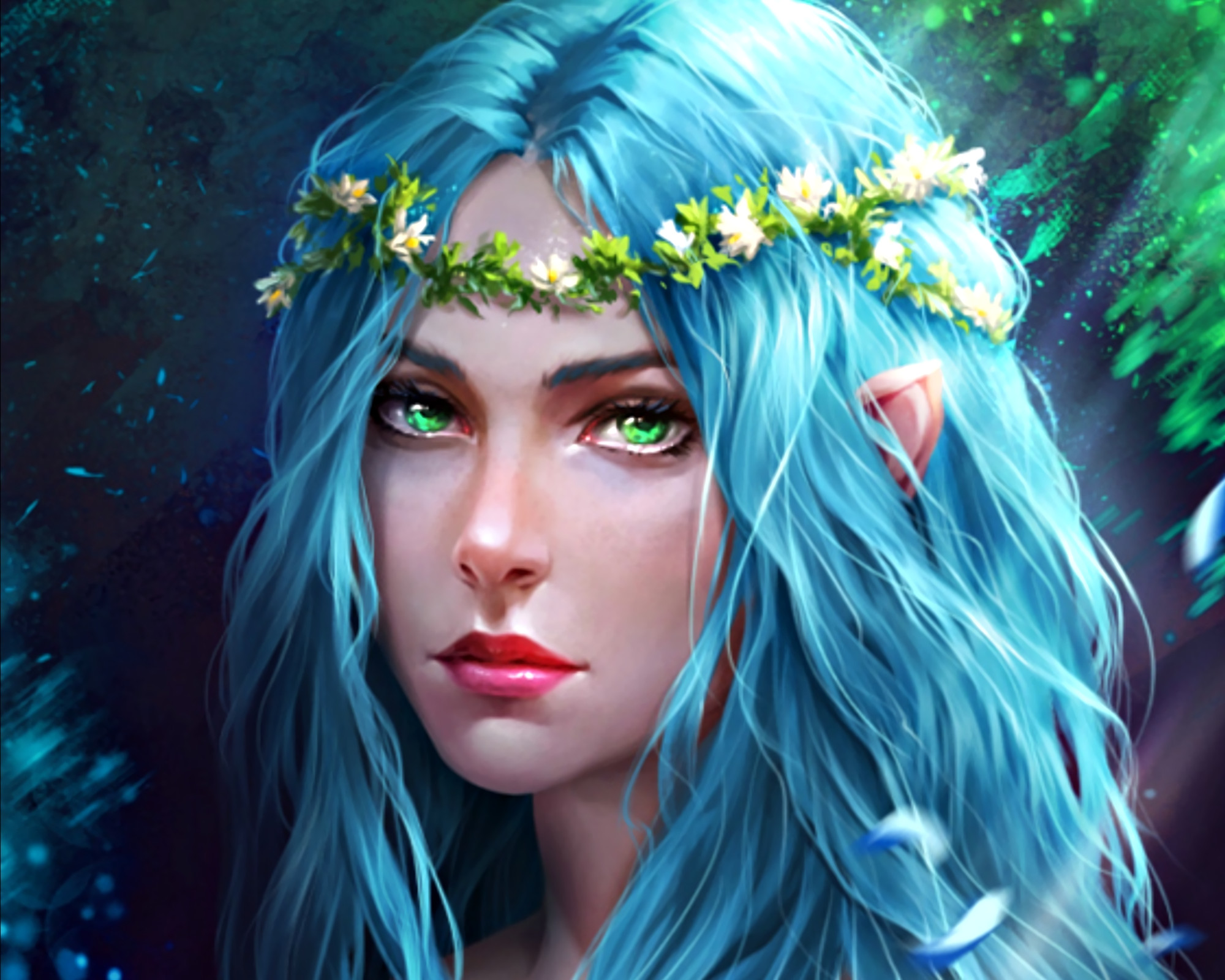 2000x1600 Fantasy - Elf Wreath Blue Hair Girl Woman Fantasy Green Eyes Wallpaper