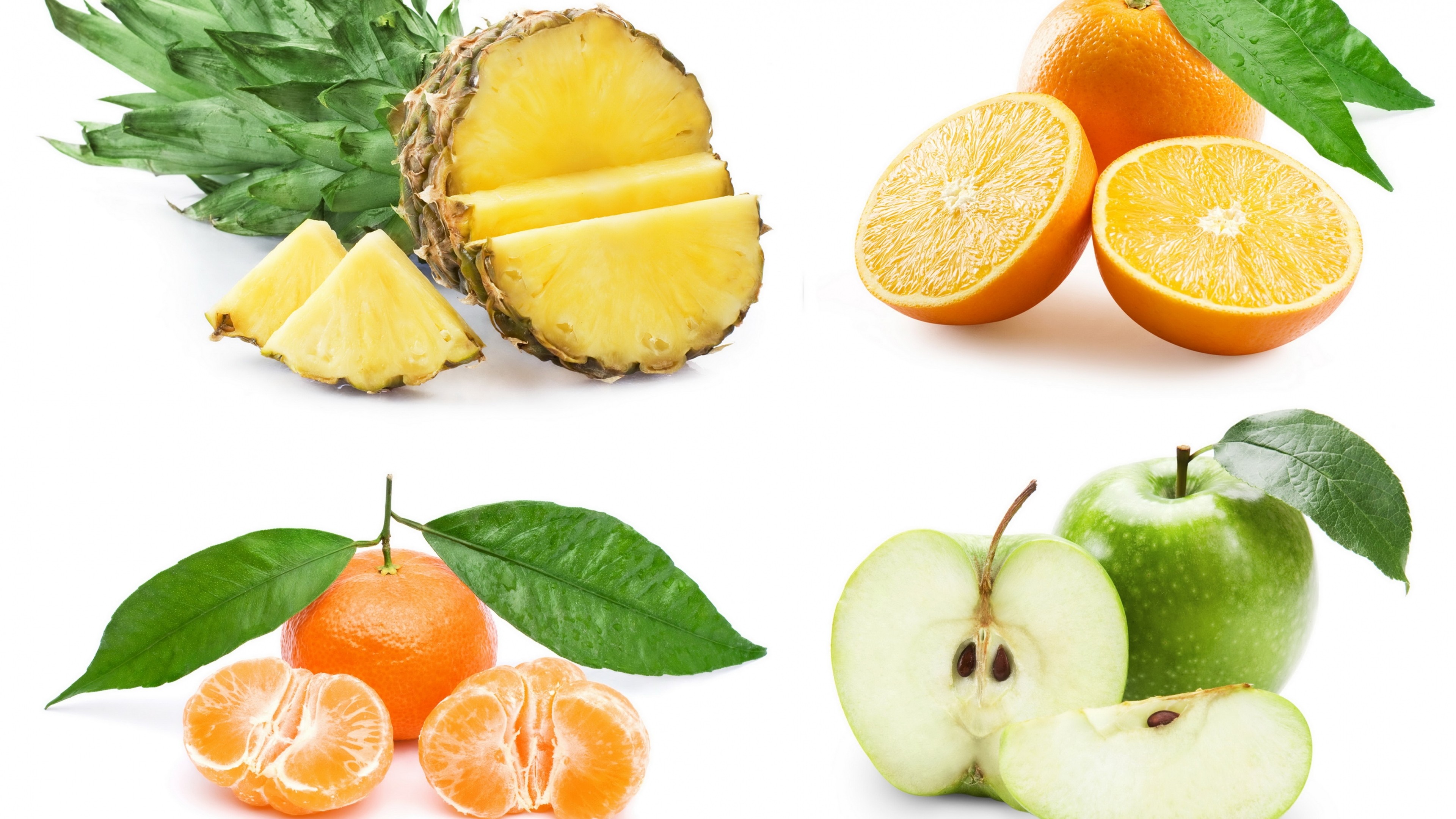 3840x2160  Wallpaper fruit, pineapple, apple, orange, mandarin