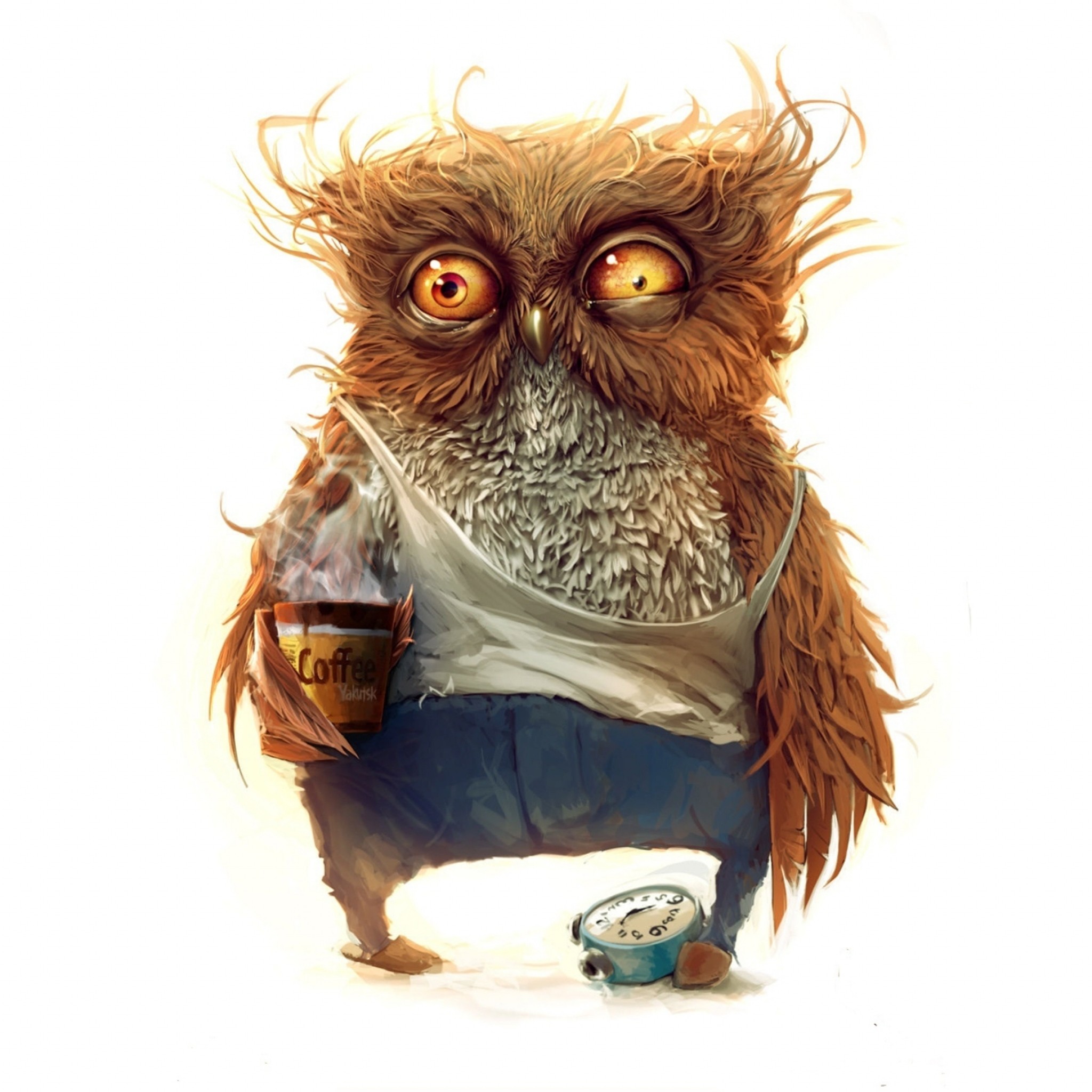 2048x2048 Preview wallpaper owl, coffee, alarm clock 