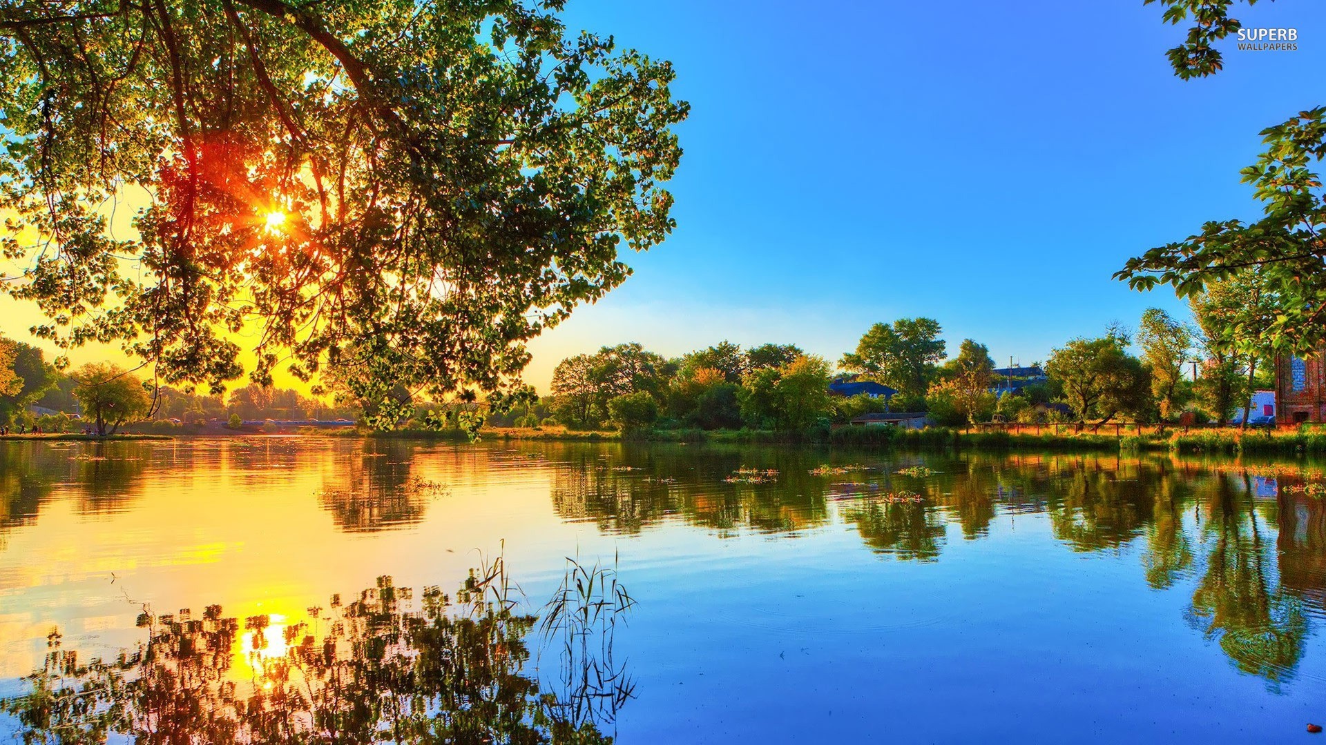 1920x1080 Lakes - Sunset Trees Superb Town Lake Lakeside Free Desktop Wallpaper Lakes  for HD 16: