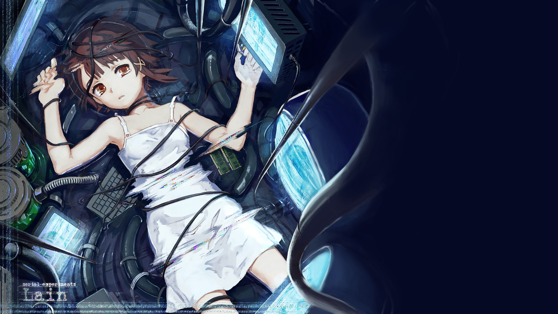 1920x1080 Anime Girls Brunettes Cables Computers Crying Dress Holographic Science  Fiction Serial Experiments Lain