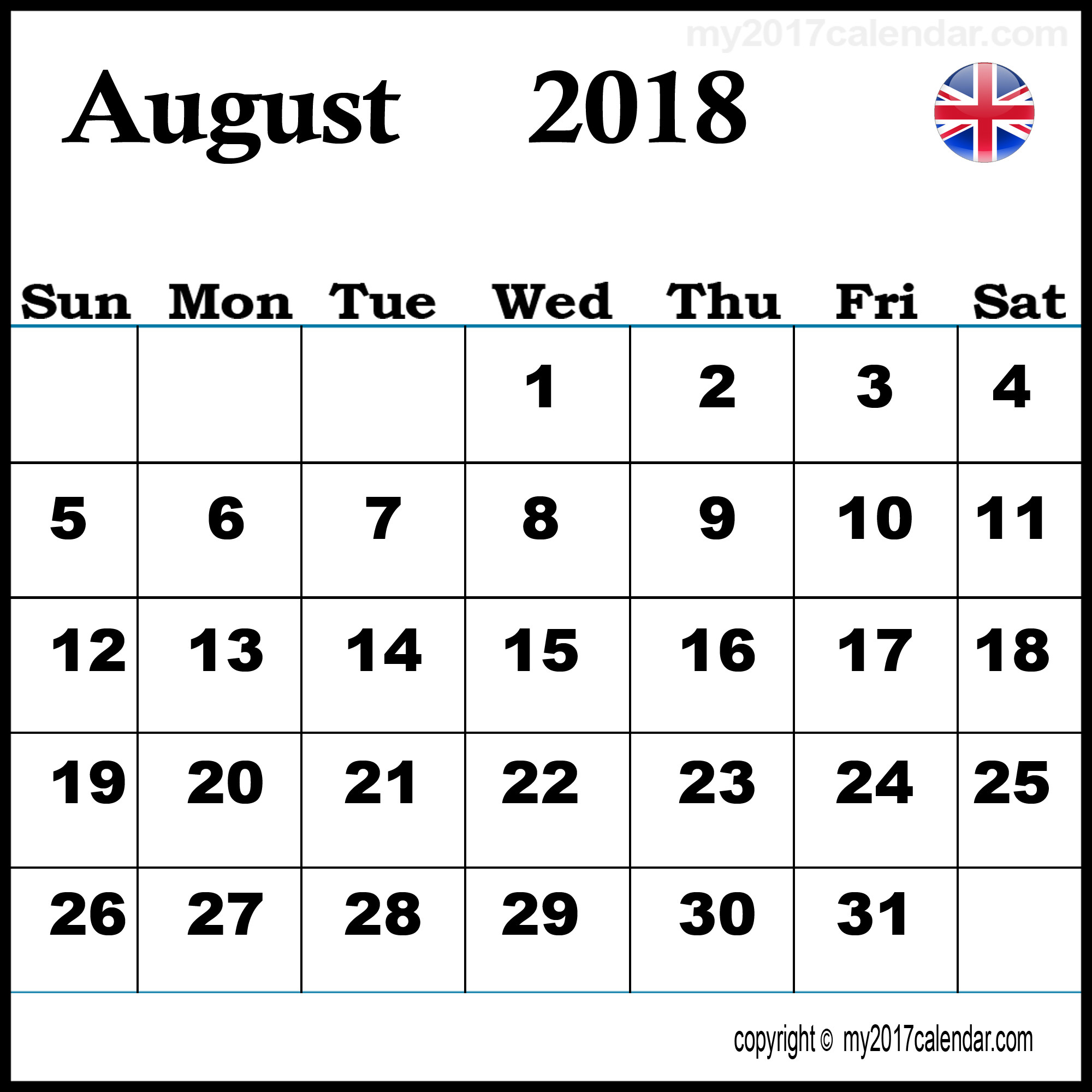 2000x2000 UK August 2018 Printable Calendar