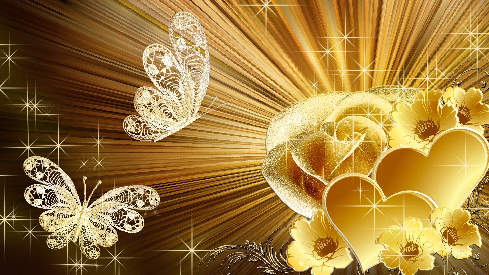 1920x1080 Beams Hearts Glitter Valentines Rose Day Yellow Gold Floral Butterflies  Golden Stars Flowers Shine Flower Wallpapers Hd Image - 