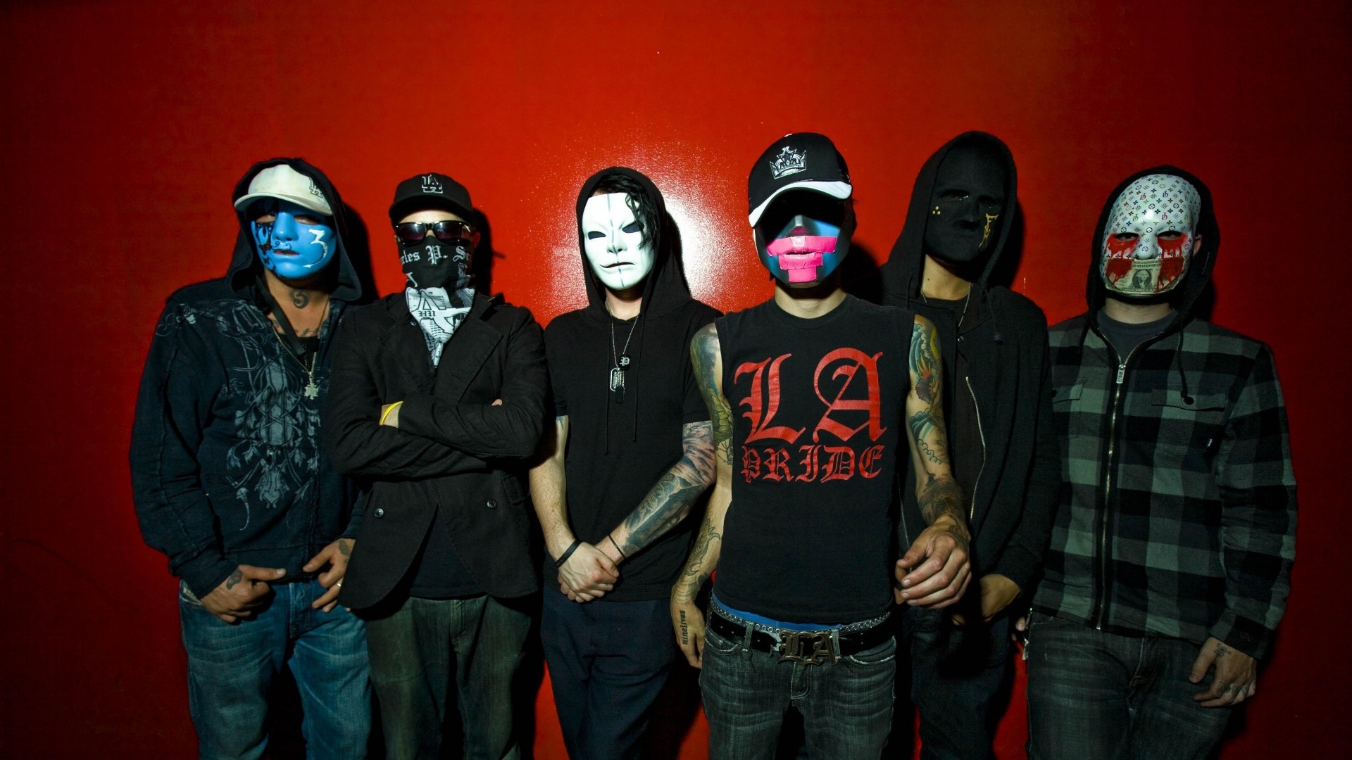 1920x1080 Preview wallpaper hollywood undead, band, members, masks, wall 