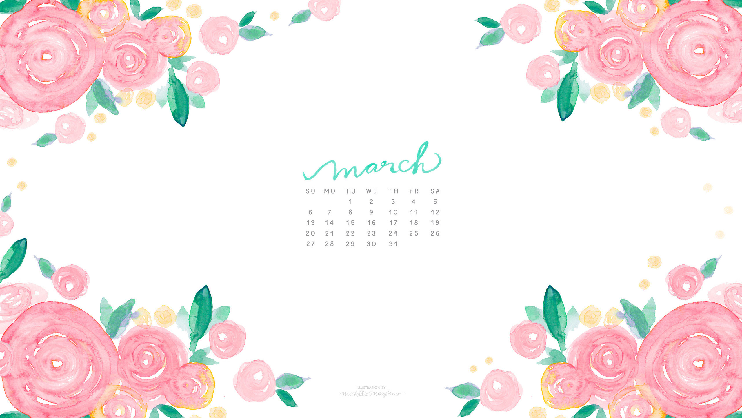 2560x1443 March Watercolor Floral Calendar Download for your computer desktop by  Michelle Mospens. /
