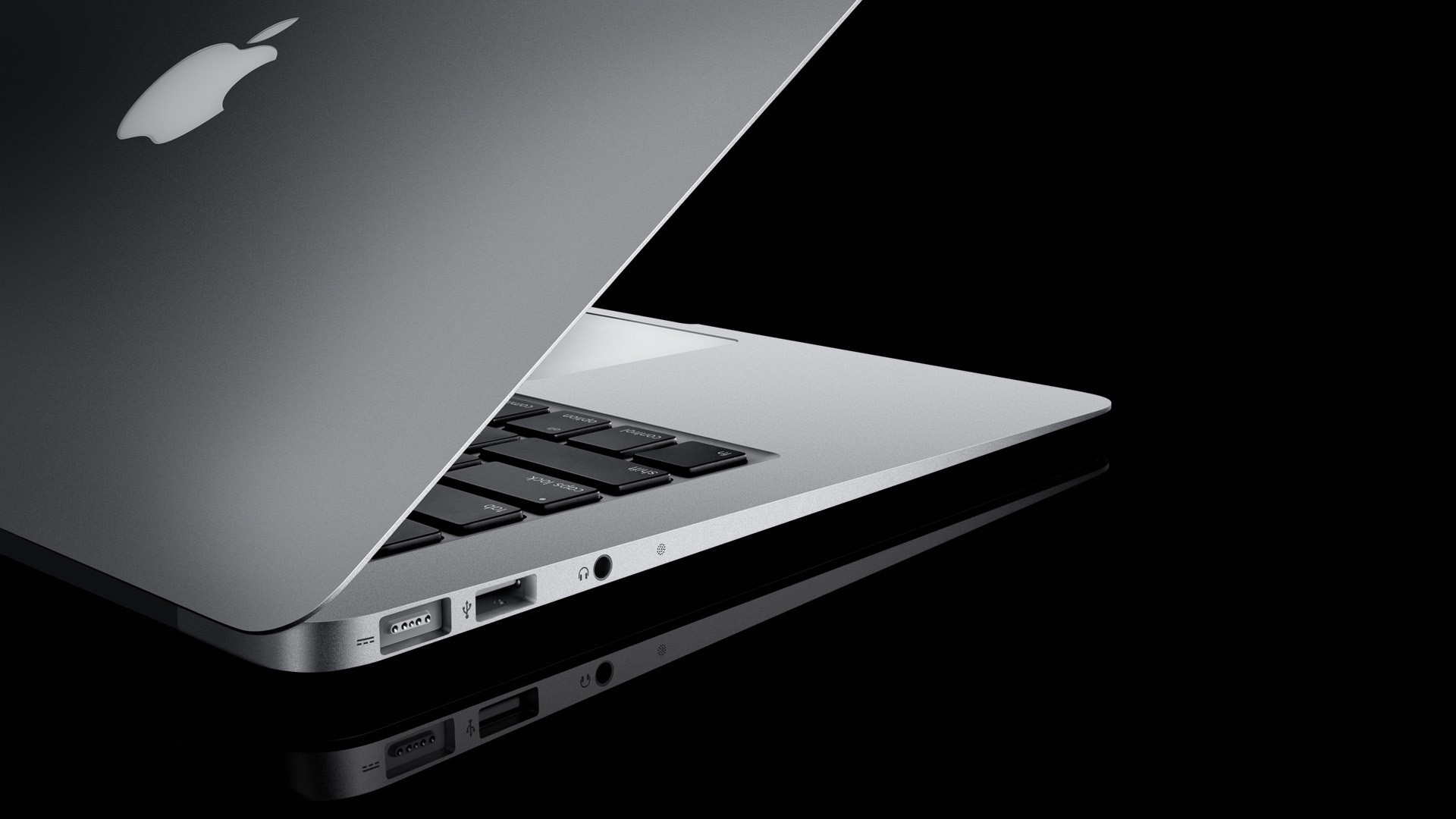 1920x1080 Preview wallpaper laptop, apple, white, black, open, reflection 