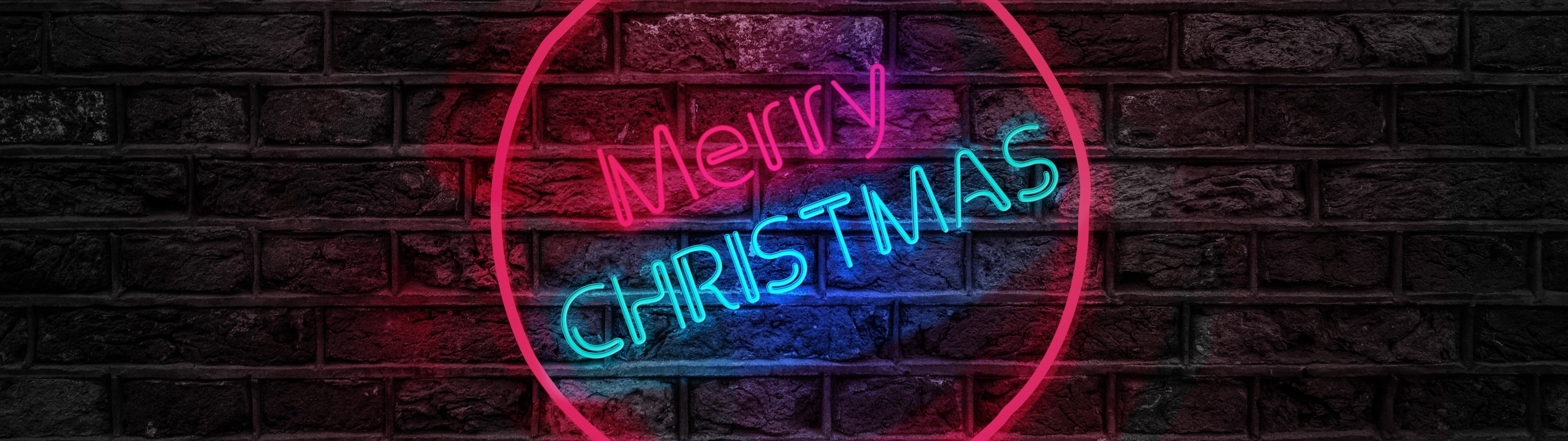3840x1080 Merry Christmas, Inscription, Light, Wall