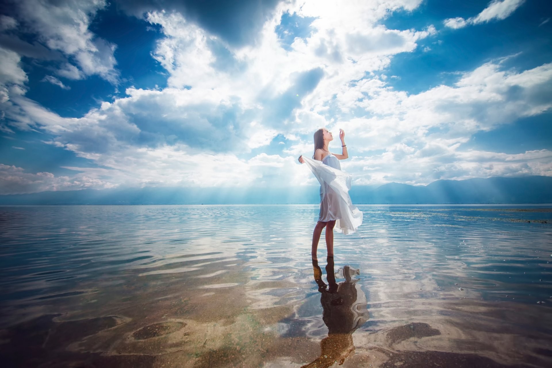 1920x1280 in water girl reflection sky clouds
