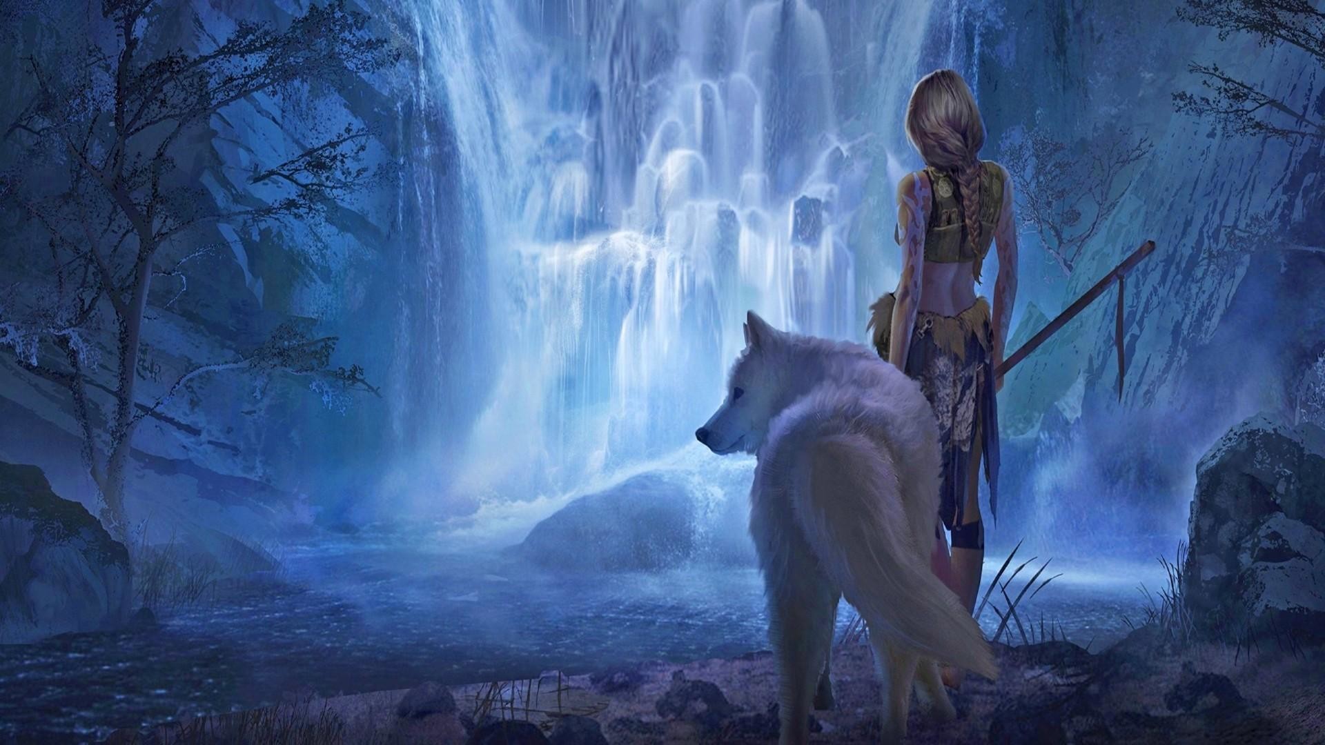1920x1080 White wolf with a warrior girl at the waterfall - Fantasy Art wallpaper