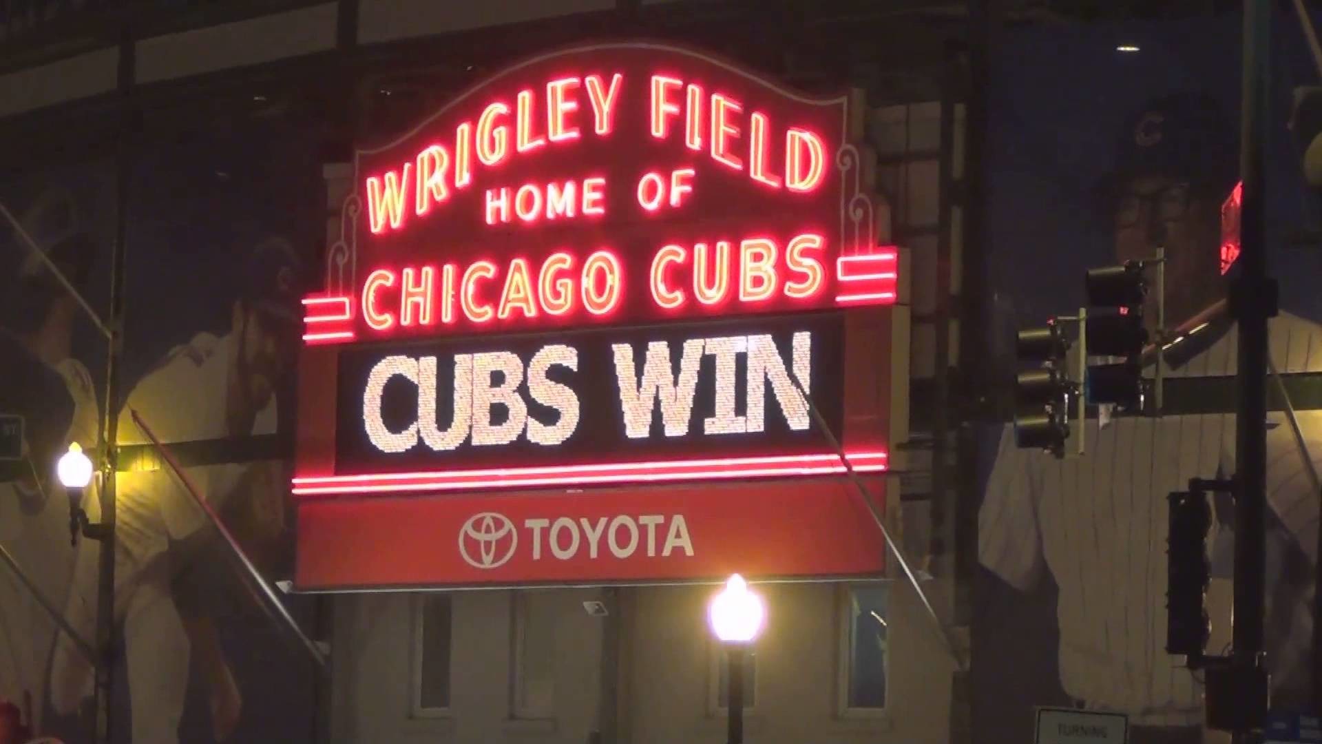 1920x1080 1st time Wrigley Field Marquee flashes “CUBS WIN” for NLDS Champs!  Wrigleyville Erupts 10/13/2015