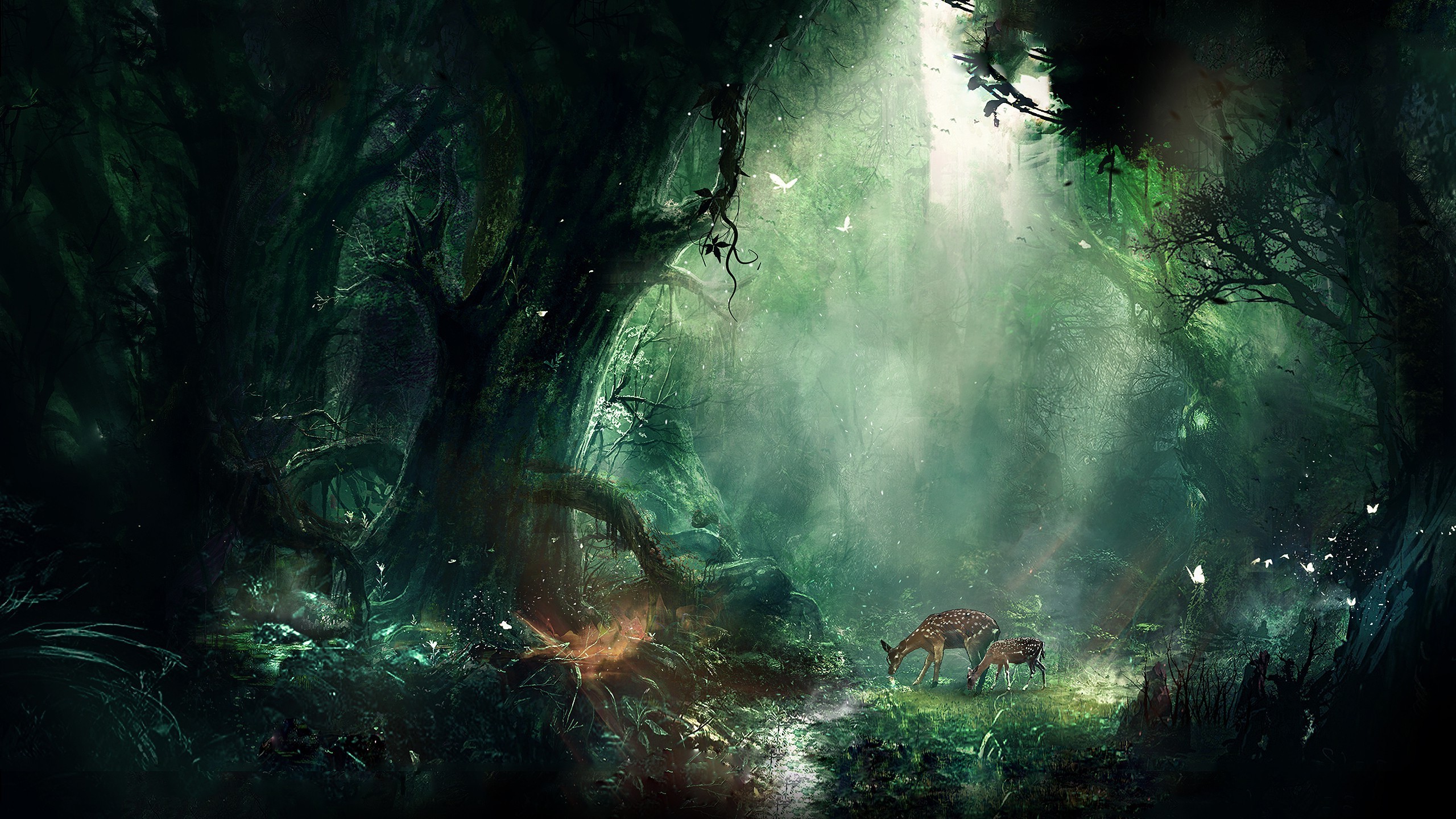 2560x1440 artwork, Digital Art, Fantasy Art, Deer, Forest, Nature Wallpapers HD .