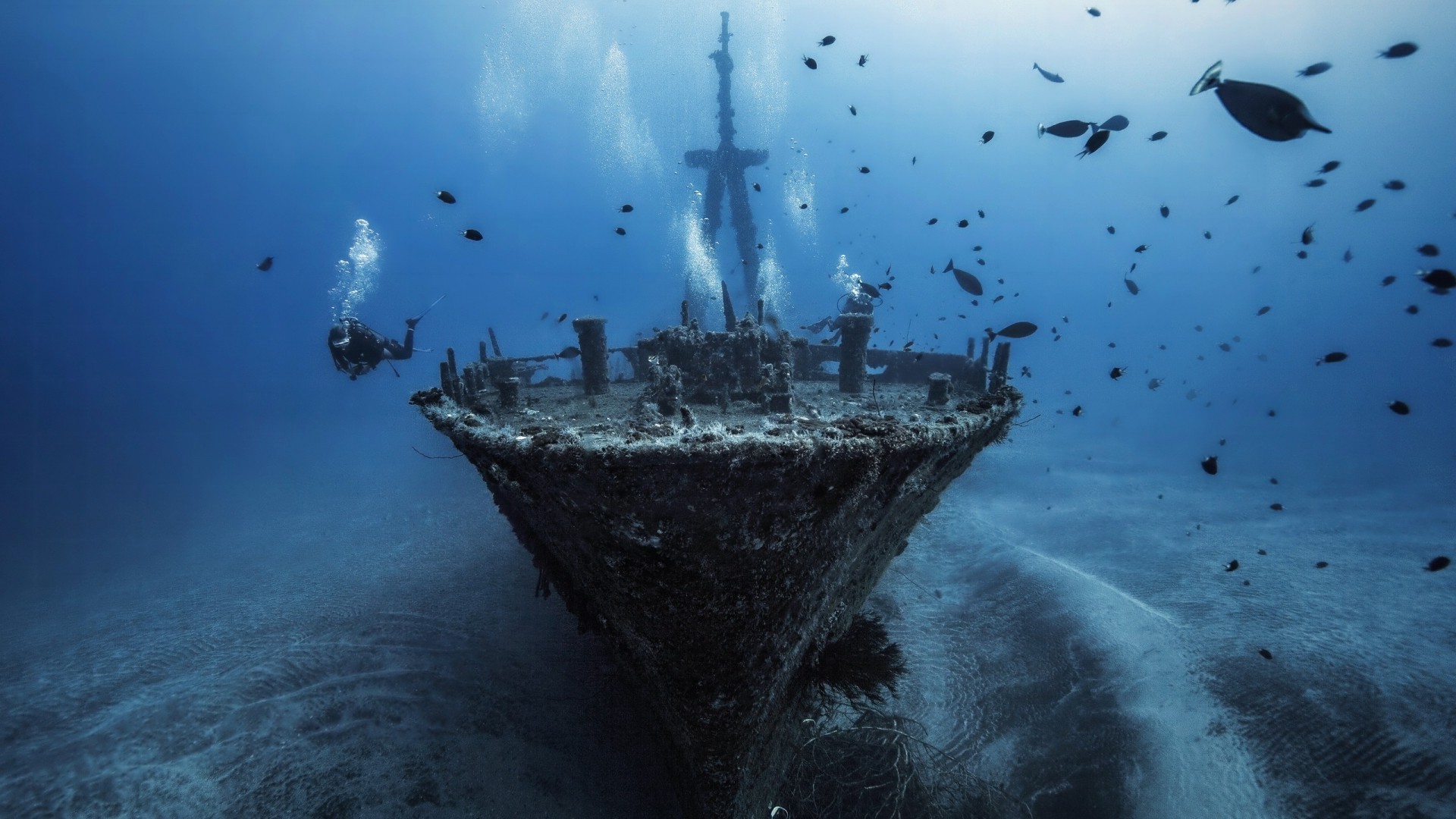 1920x1080 ship sea water reflection vehicle silhouette fish blue underwater divers  shipwreck bubbles Arctic ghost ship Terrain