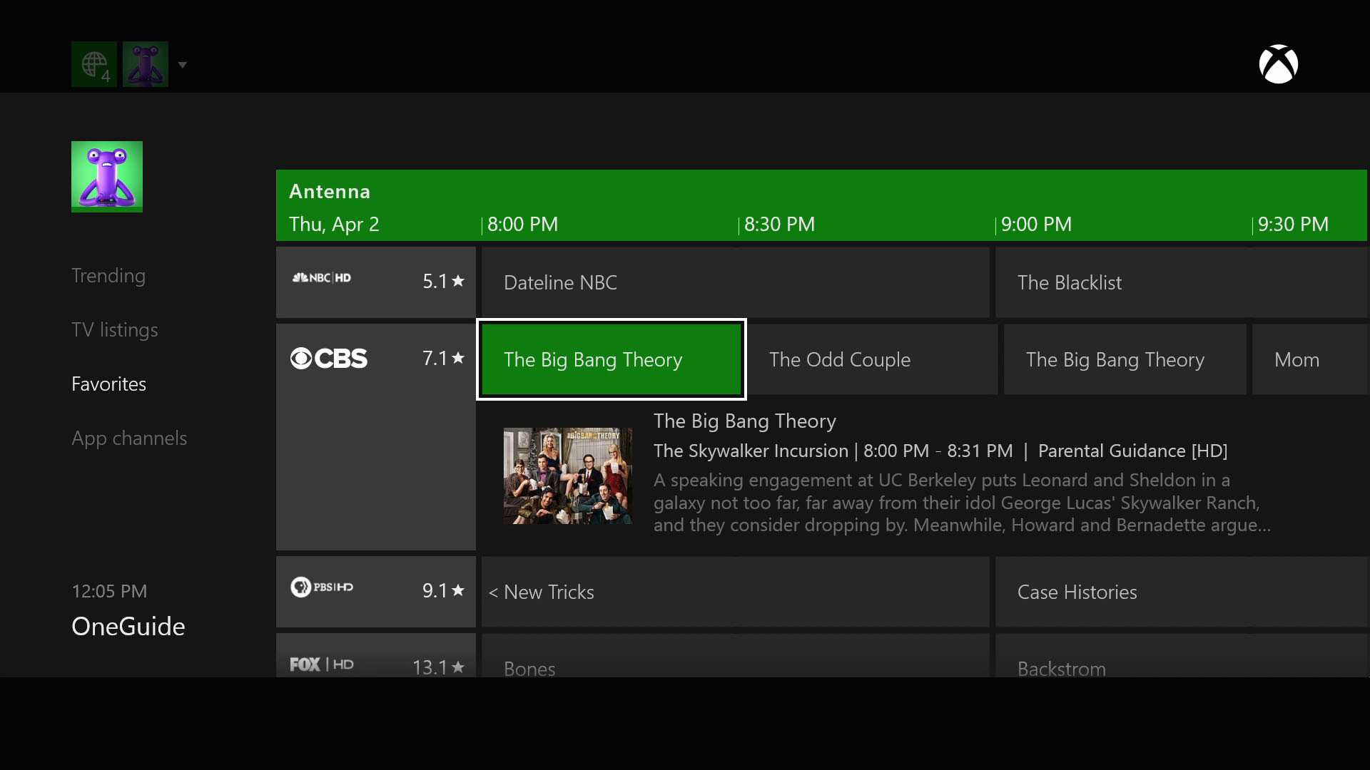 1920x1080 Xbox TV has OneGuide: a built-in TV guide