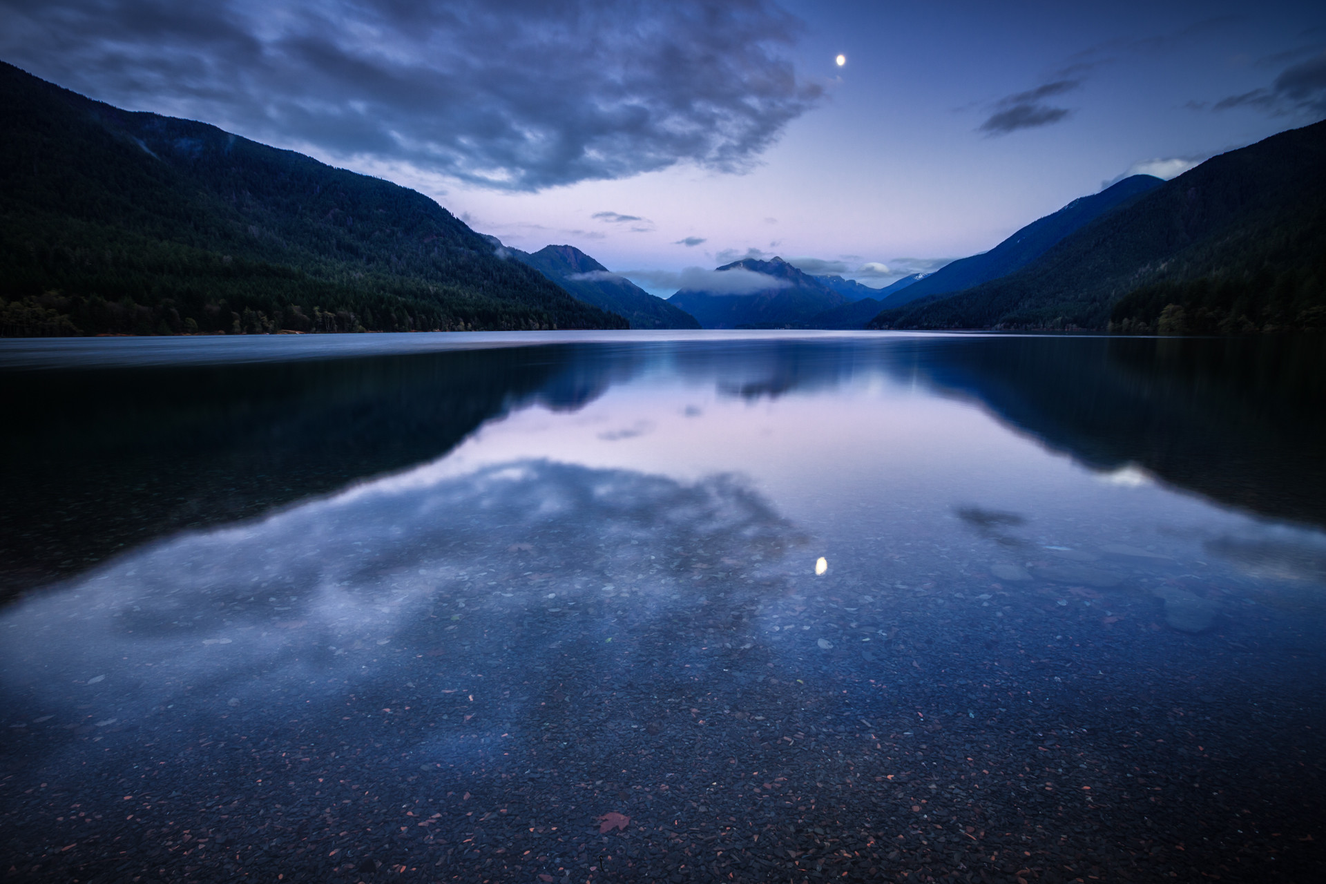 1920x1280 Mountain lake water surface night blue lilac sky clouds moon reflection  wallpaper |  | 80589 | WallpaperUP
