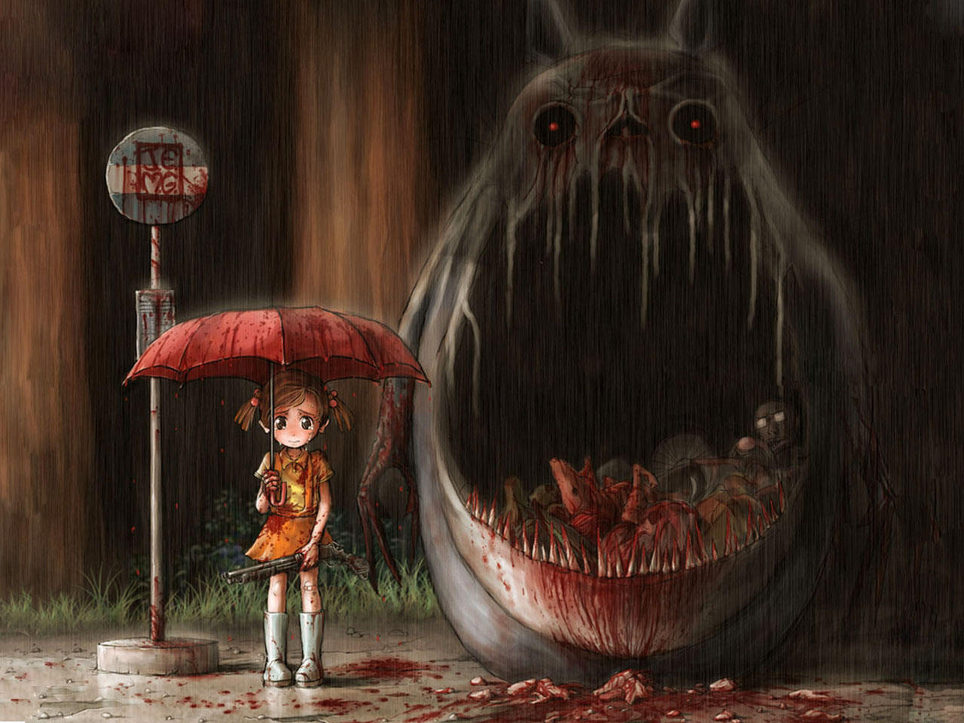 1920x1440 My Neighbor Totoro, monster, girl, gun, rain, umbrella, anime