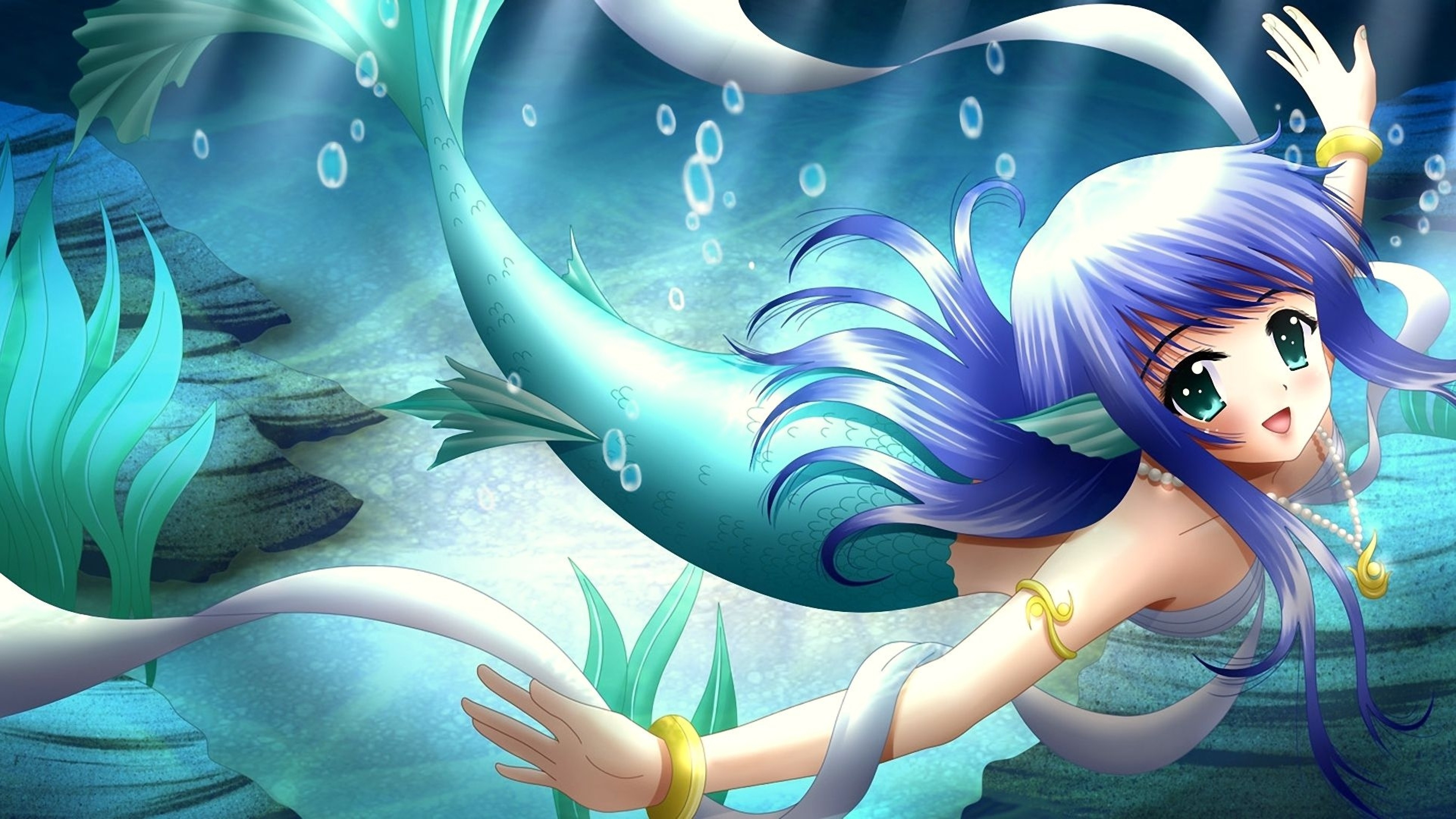 3840x2160 Preview wallpaper anime, girl, mermaid, tail, smile 
