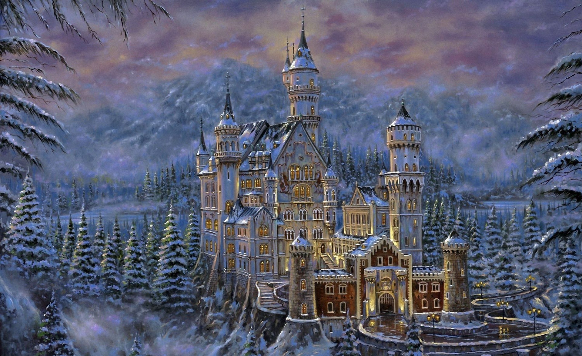 1920x1175 Fantasy - Castle Snow Tree Winter Neuschwanstein Castle Painting Artistic  Wallpaper