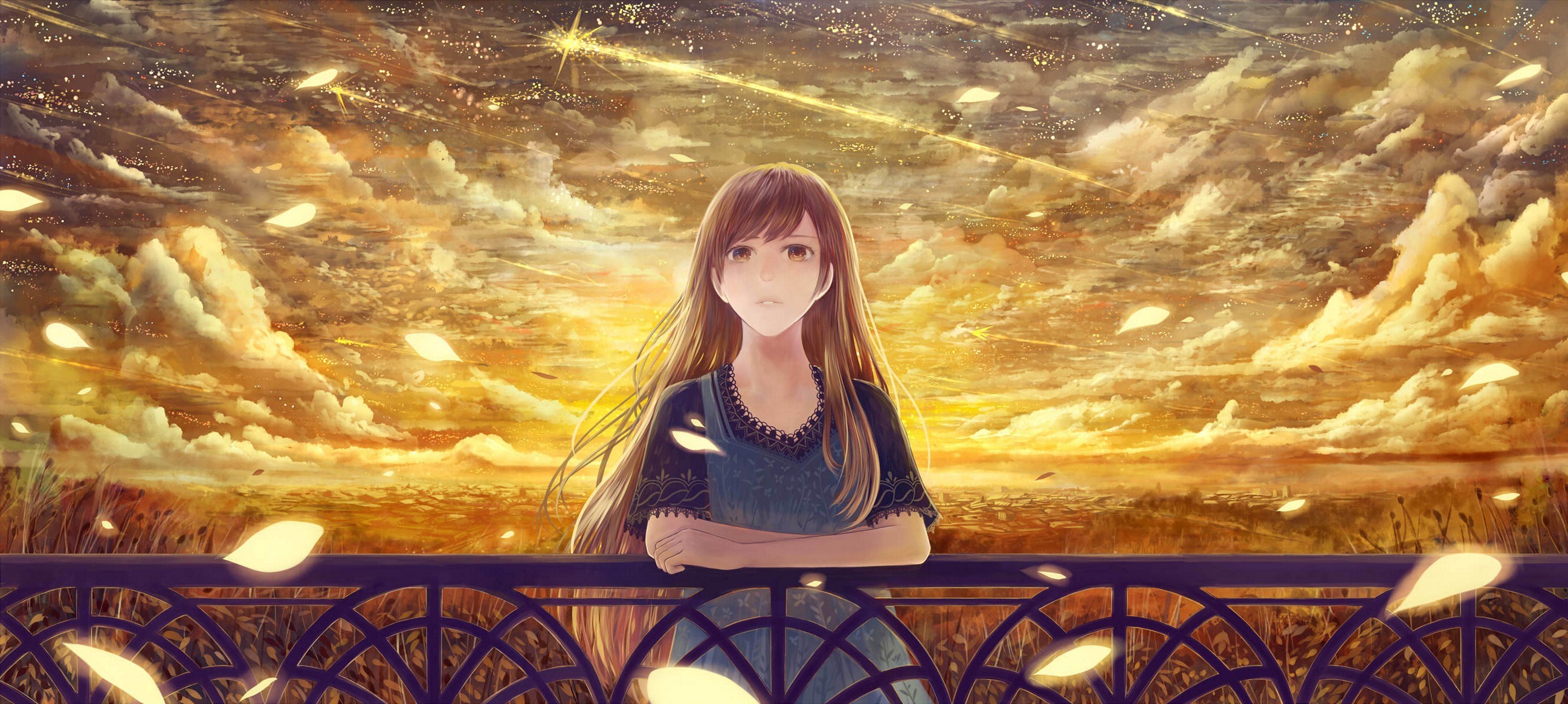 2595x1164 Girl Fence Starry Sky Majestic Sad Anime Wallpaper
