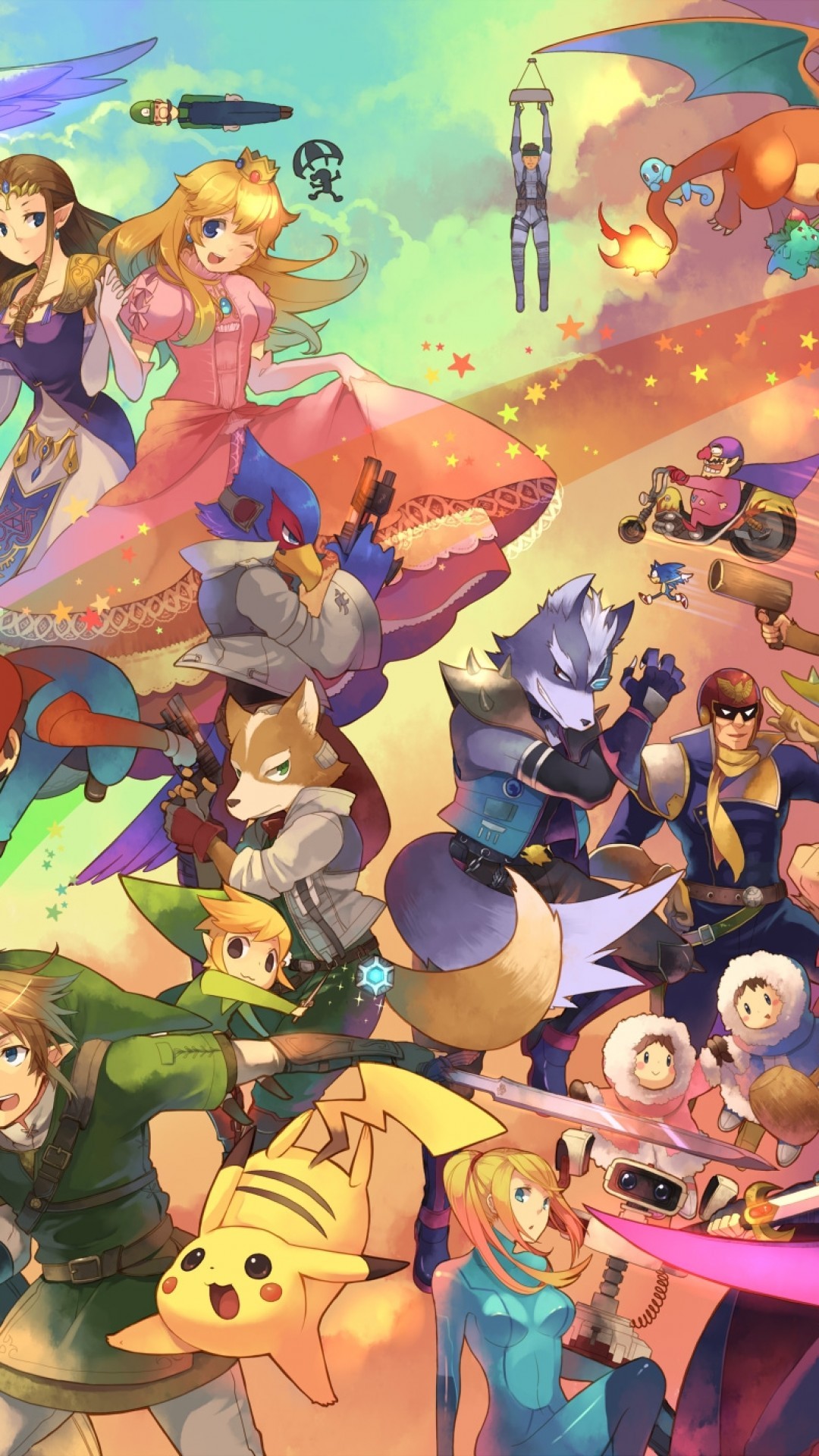 1080x1920 Anime Crossover, Zelda, Pikachu, Pokemon, Mario, Smash Brothers, Pikmin
