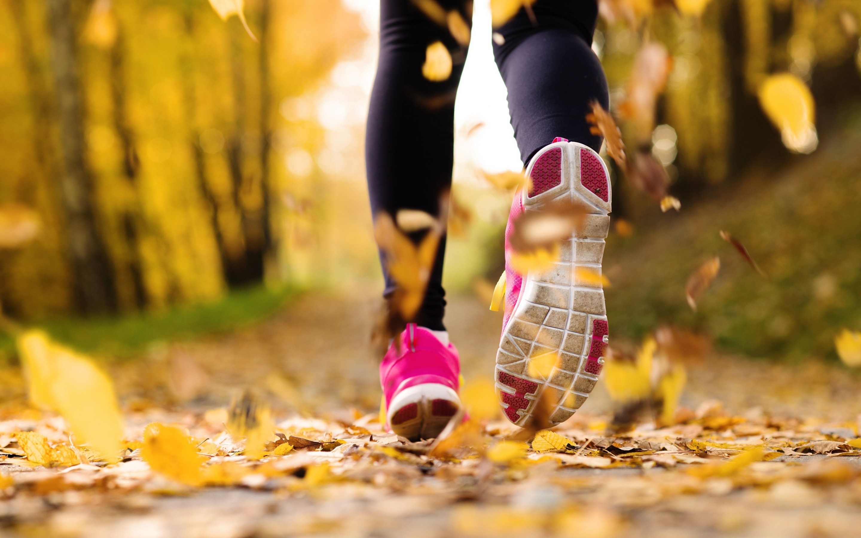 2880x1800 girl, shoes, sneakers, running, leaves, yellow, fall, autumn,