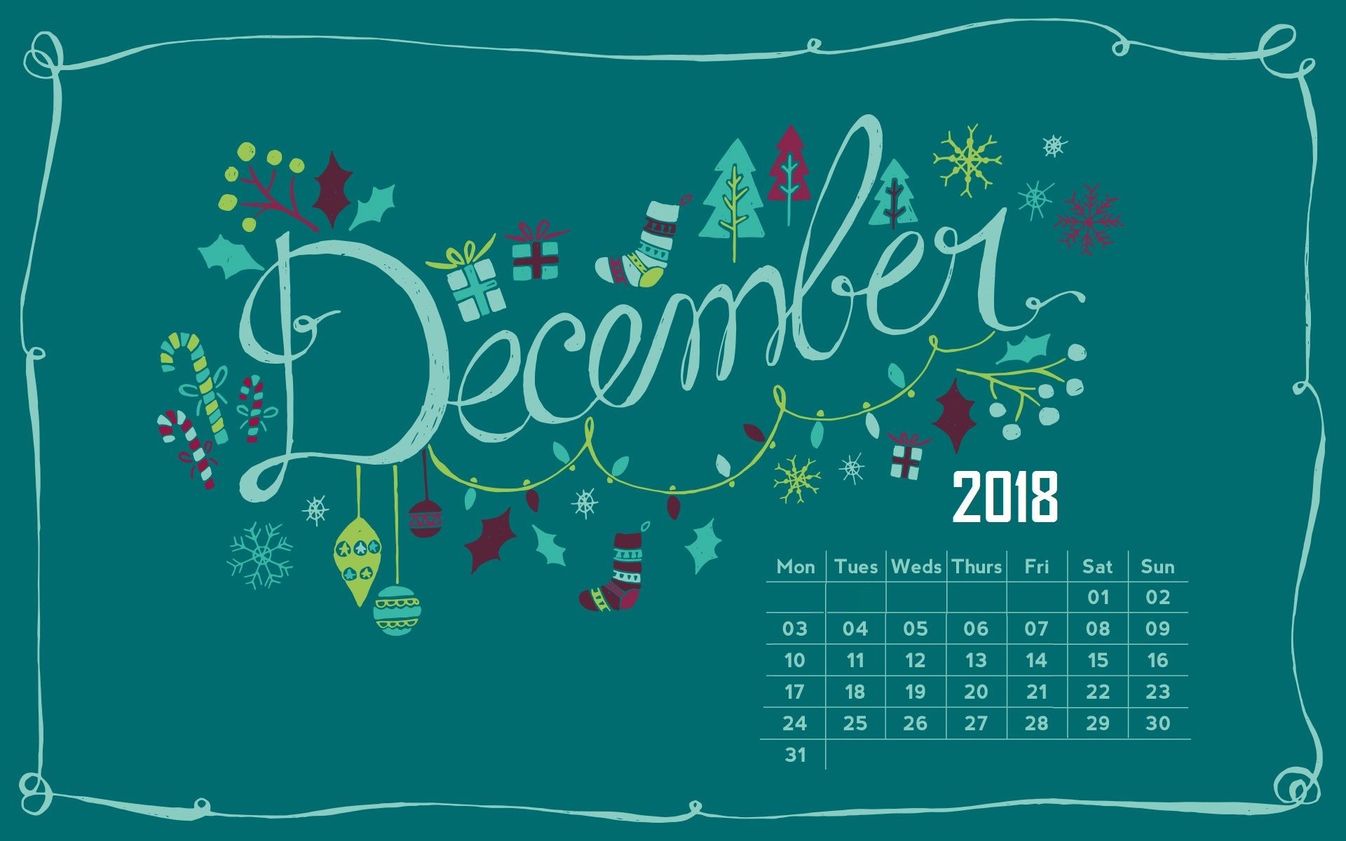 1920x1200 December 2018 Calendar Wallpaper