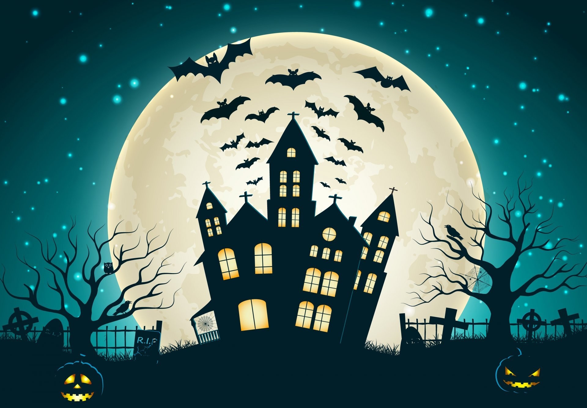 1920x1337 holiday halloween scary house horror creepy full moon castle trees bat  vector evil pumpkin graveyard halloween