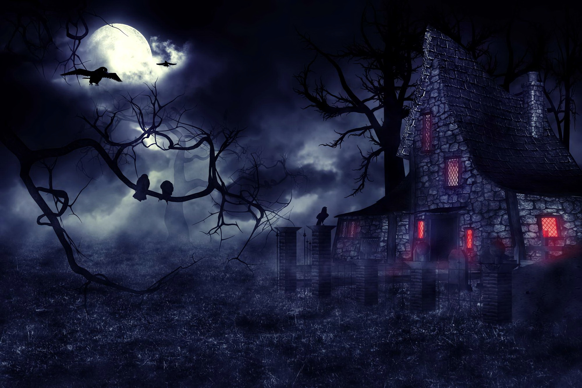 2000x1333 Dark - House Haunted House Dark Creepy Night Moon Tree Raven Wallpaper