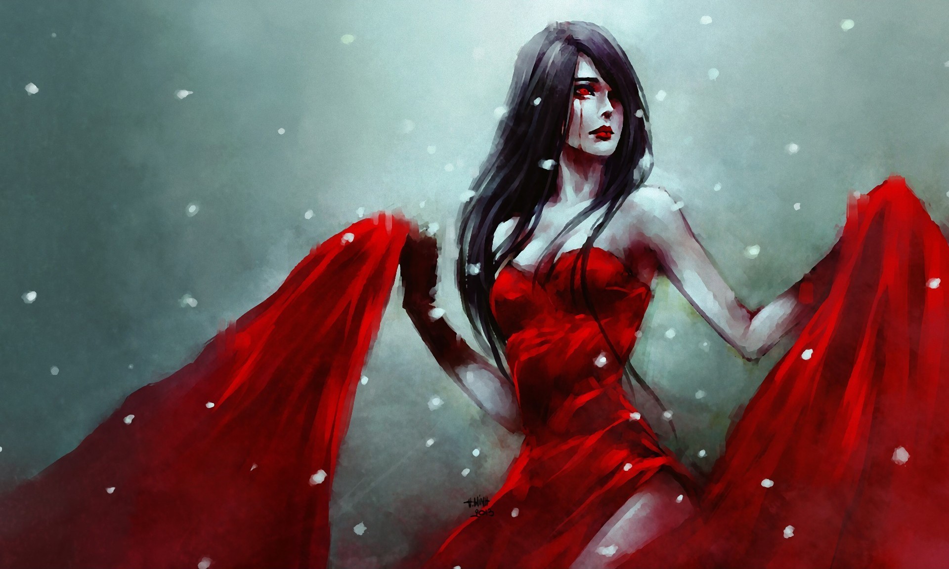 1920x1152 nanfe, anime girl, red dress, cry, blood, snow, sadness,