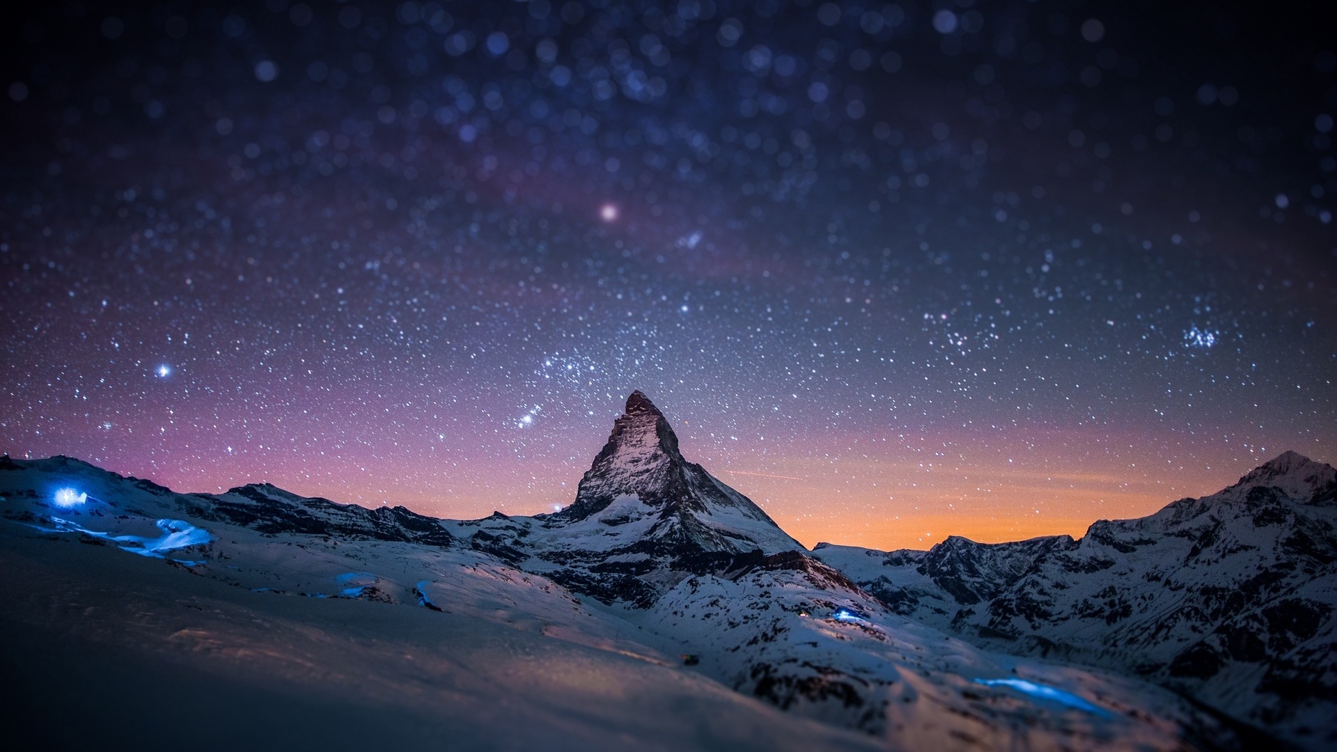 1920x1080 Preview wallpaper mountain, peak, stars, sky, night, light, snow 