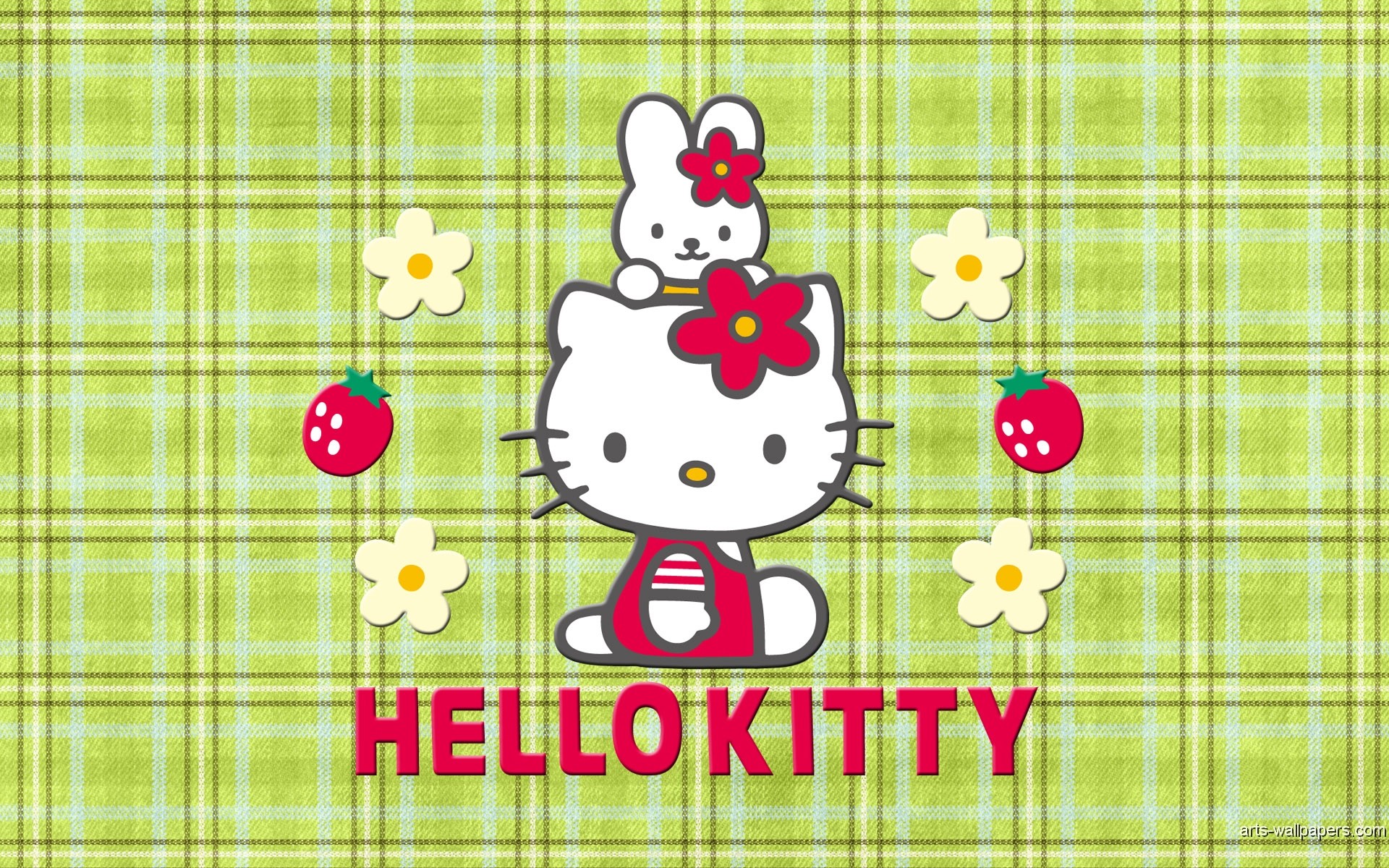 1920x1200 Add your Hello Kitty wallpaper collection with this one, a Cute Hello Kitty  and My Melody with Strawberries, Flower and green Stripping Background.