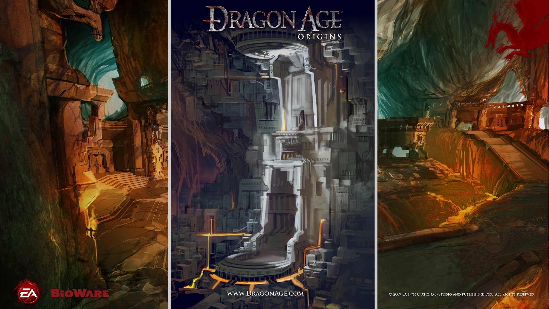 1920x1080  Wallpaper dragon age origins, castle, cave, dragon, light