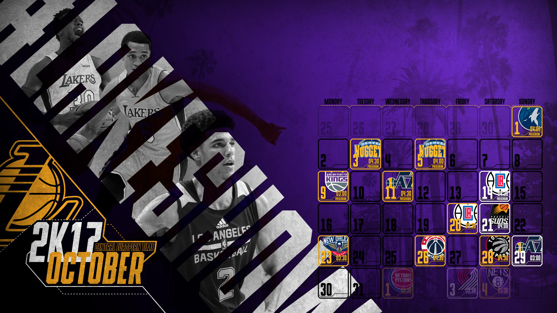 1920x1080 Schedule Wallpaper for the Los Angeles Lakers Regular Season 2017. Game  times are CET.