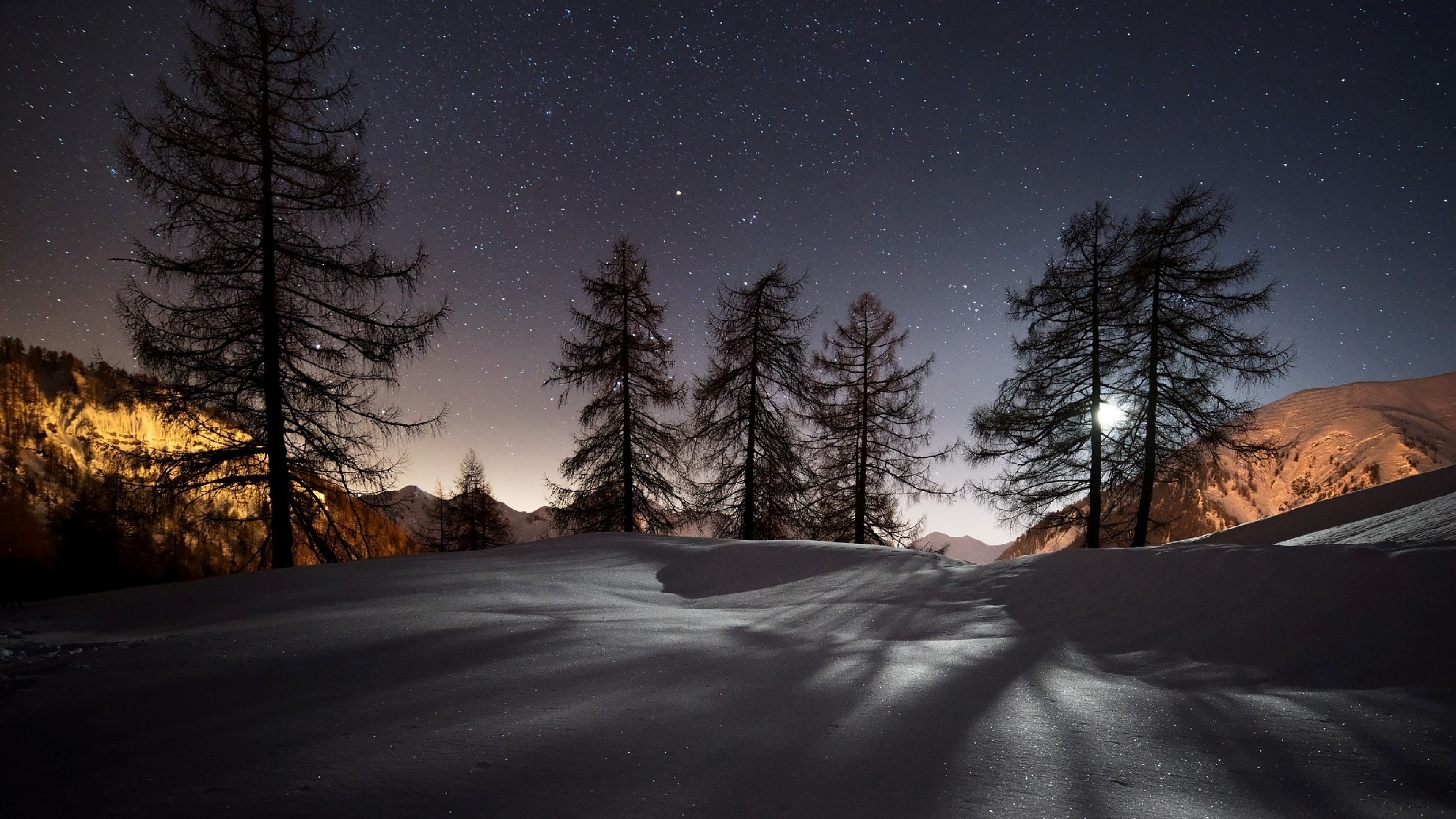 3840x2160 Preview wallpaper winter, trees, snow, night, landscape 