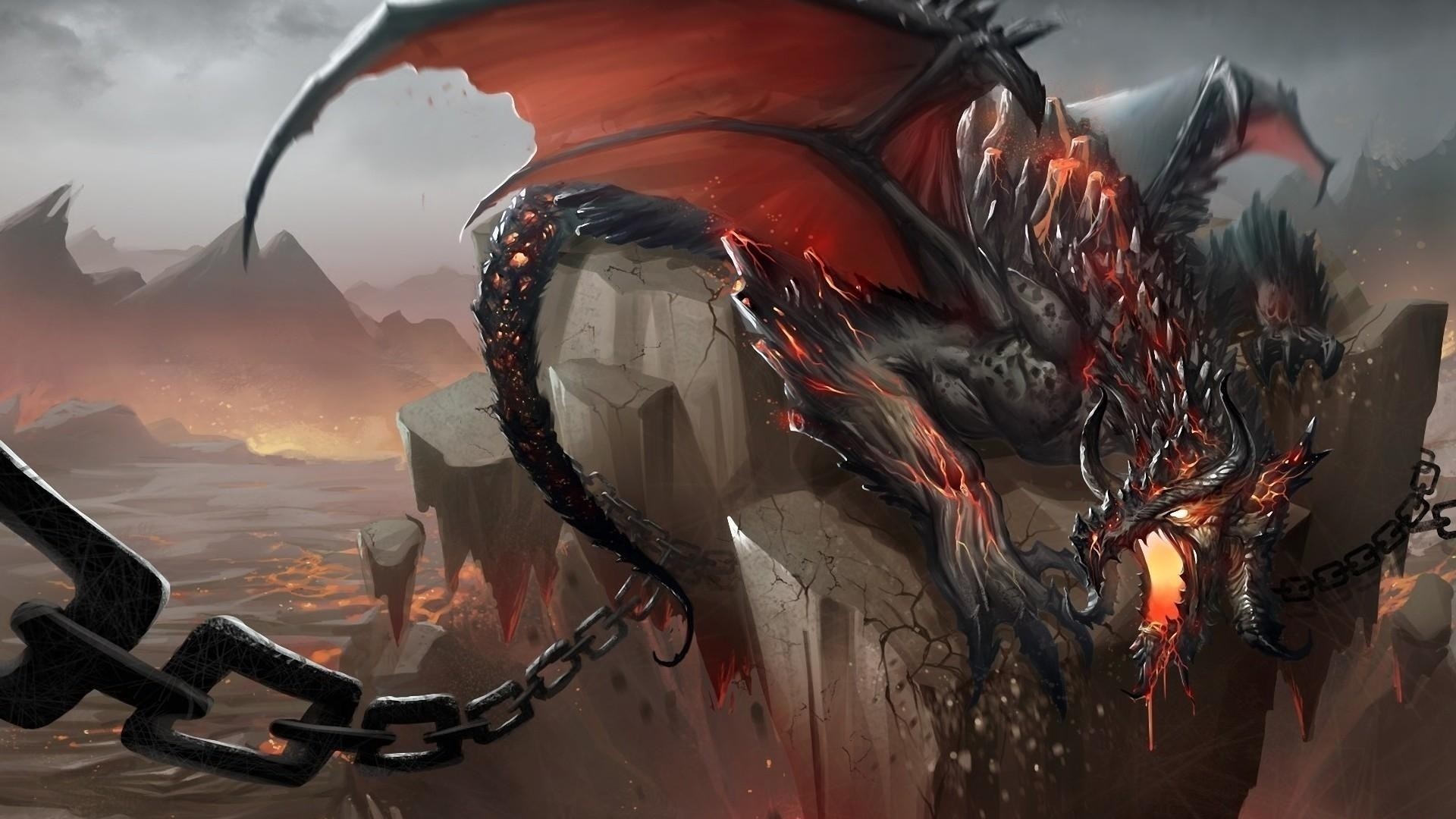 1920x1080  Wallpaper dragon, jaws, chains, stone, shatter