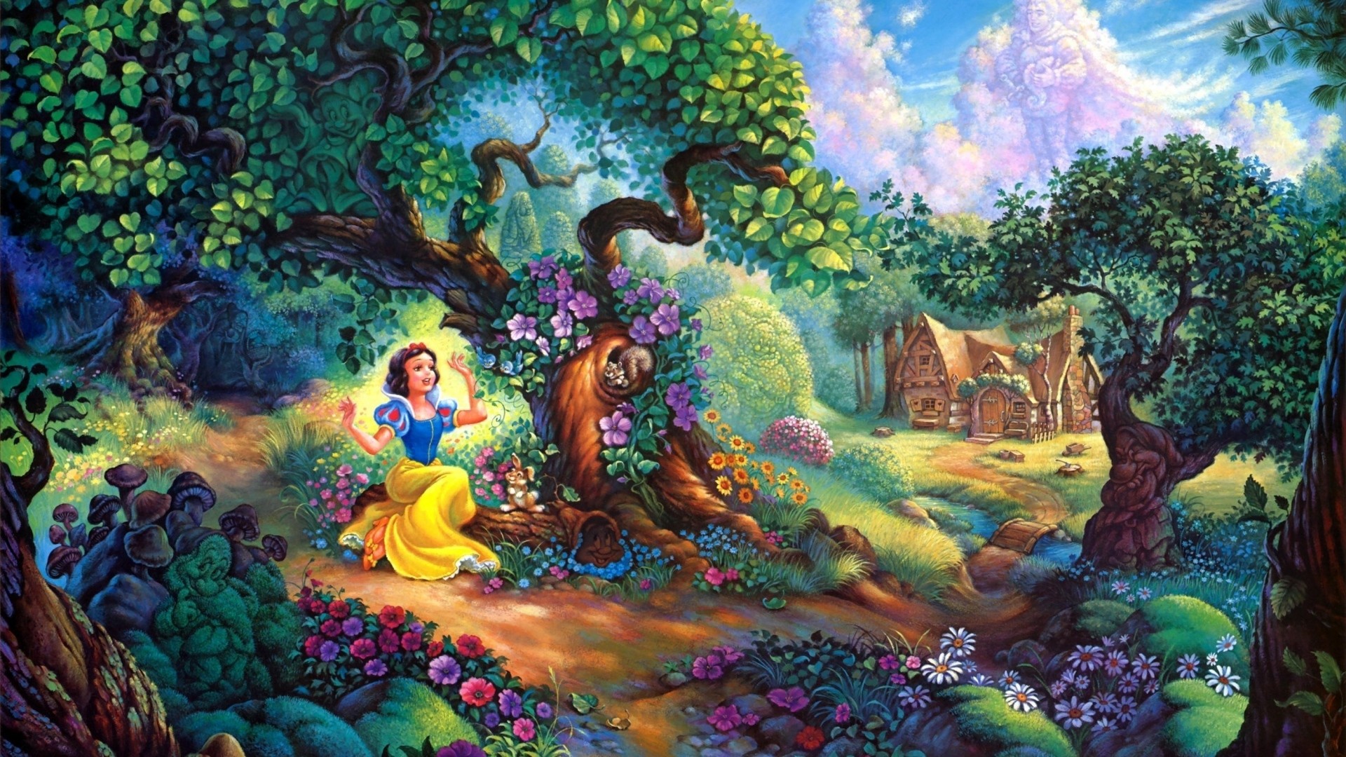 1920x1080 Preview wallpaper snow white, fairy forest, trees, house, fairy tale  