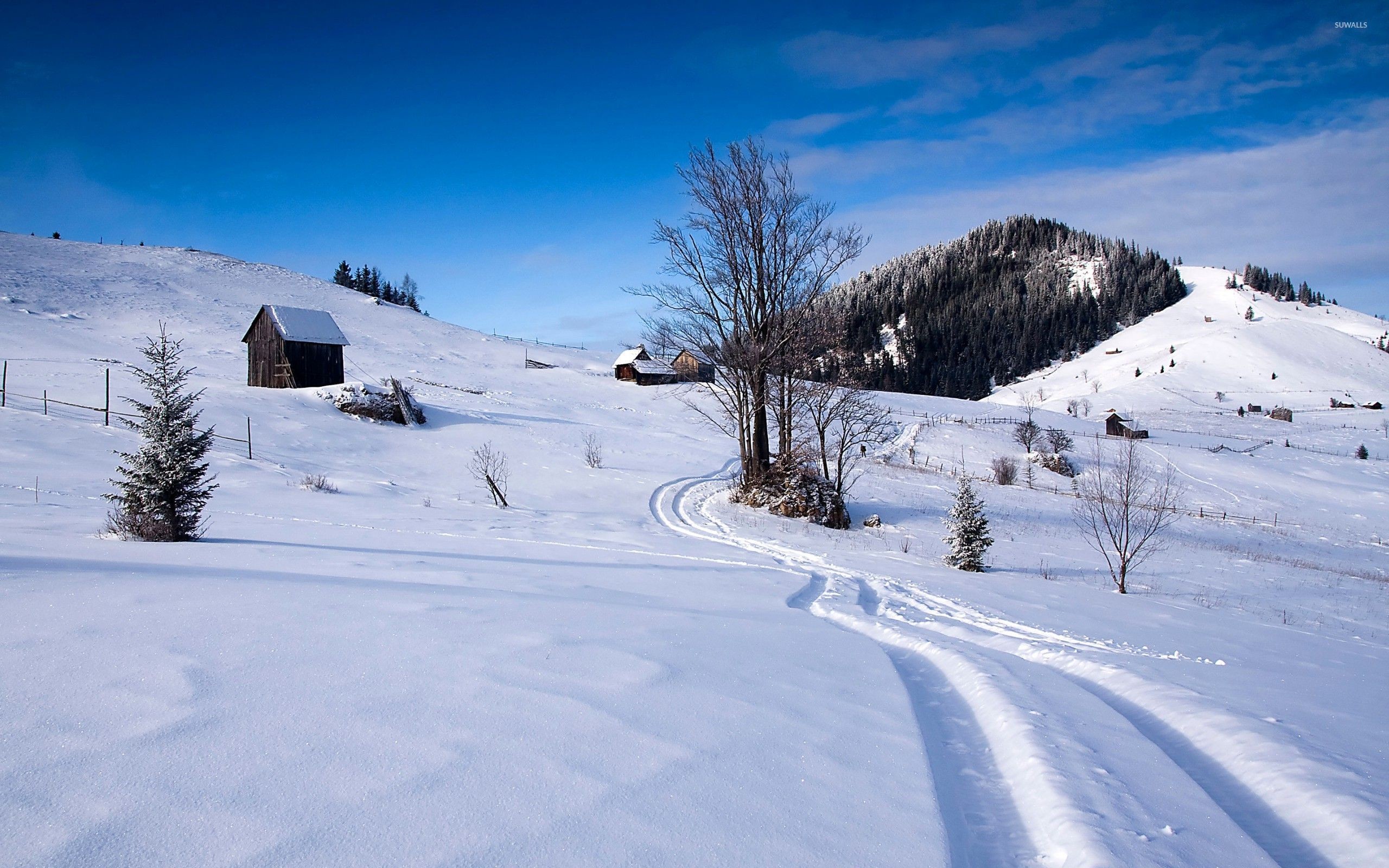2560x1600 Snowy path through the mountain houses wallpaper  jpg