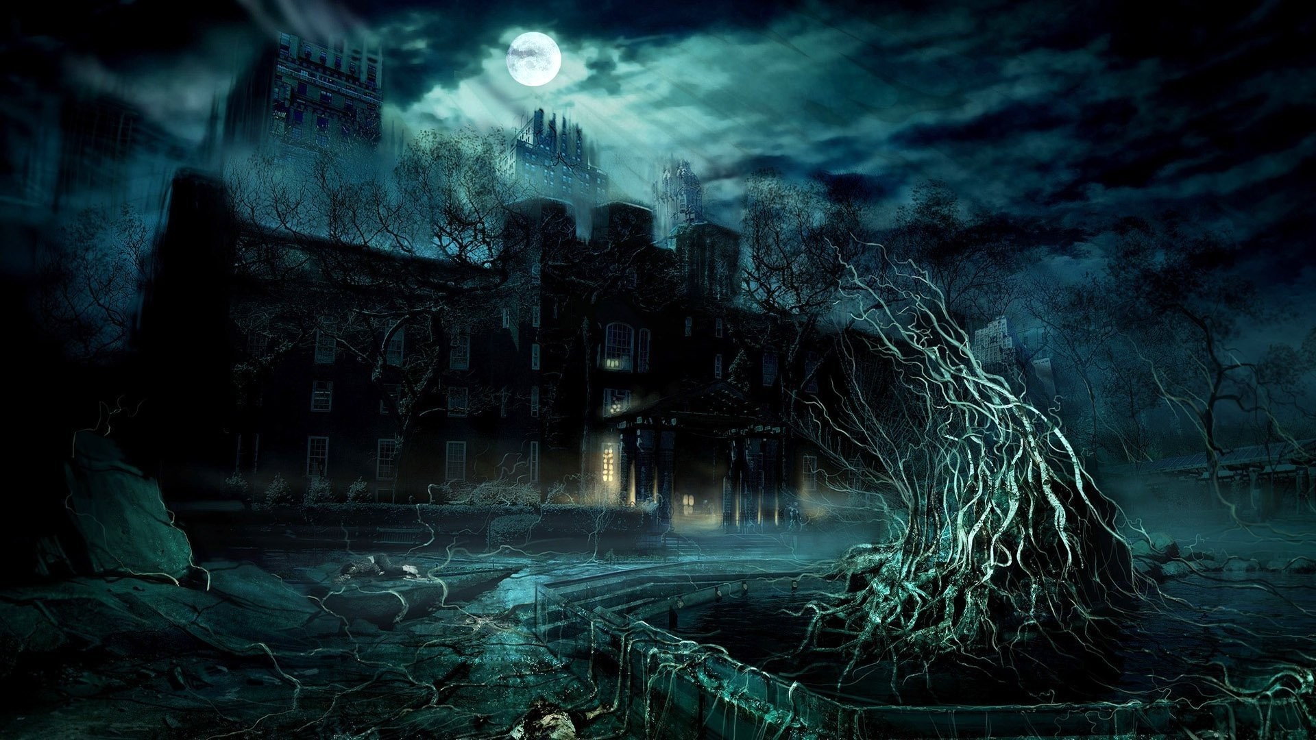1920x1080 Dark Mansion Under The Full Moon