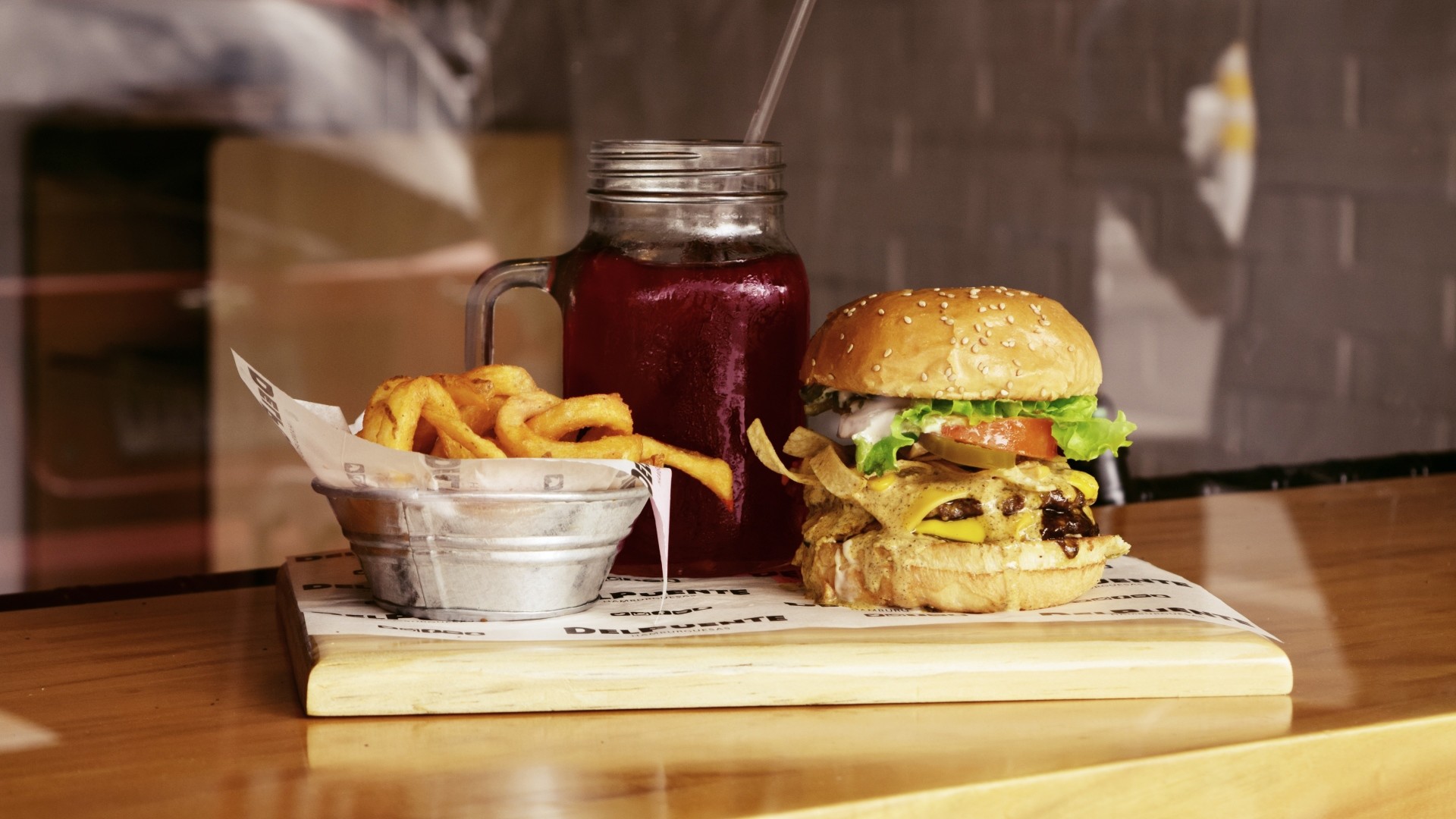 1920x1080  Wallpaper burger, hamburger, french fries, fast food, drink