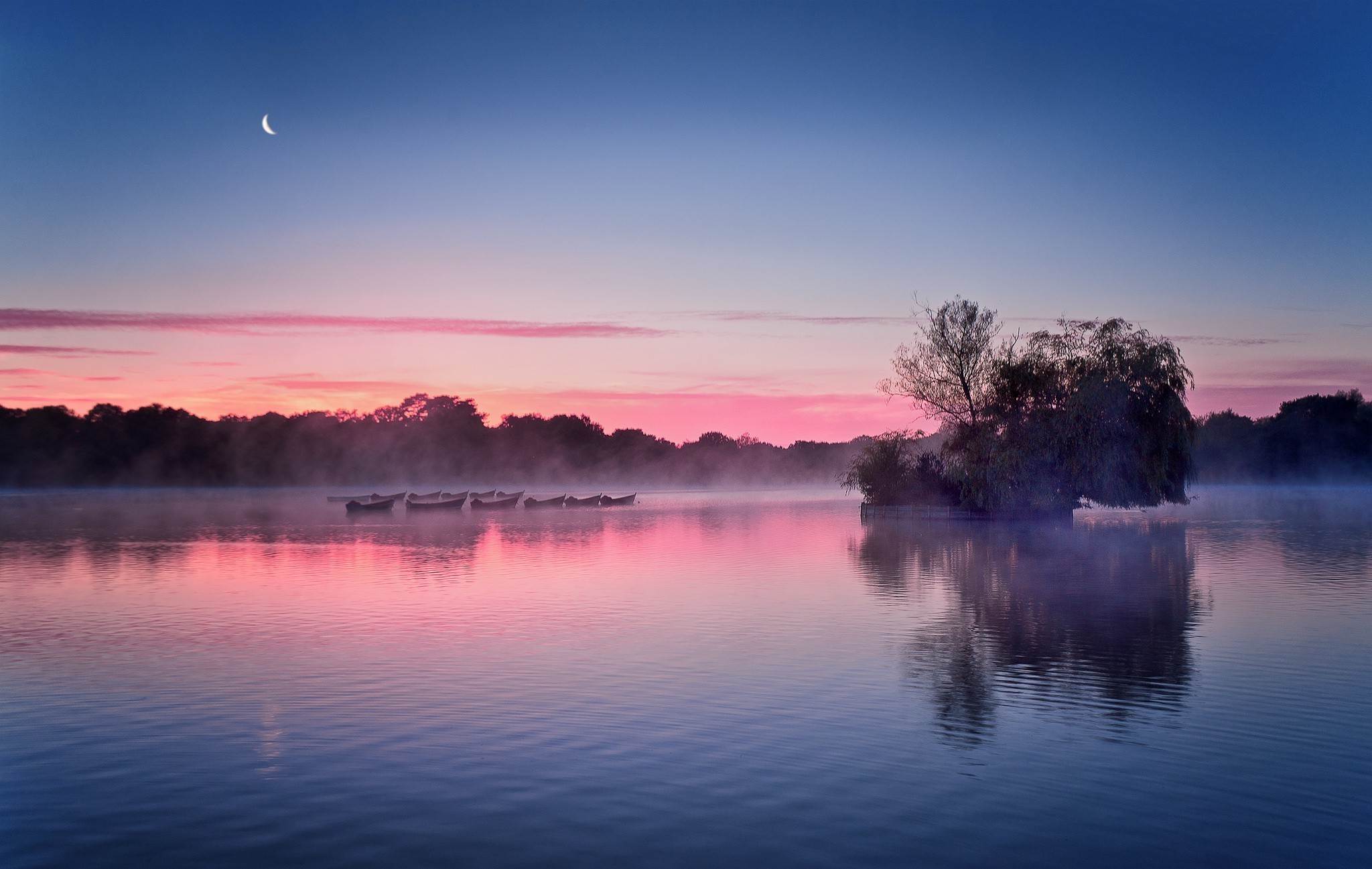2048x1297 photography, Nature, Landscape, Morning, Mist, Daylight, Lake, Boat, Trees,  Calm, Moon, England Wallpapers HD / Desktop and Mobile Backgrounds