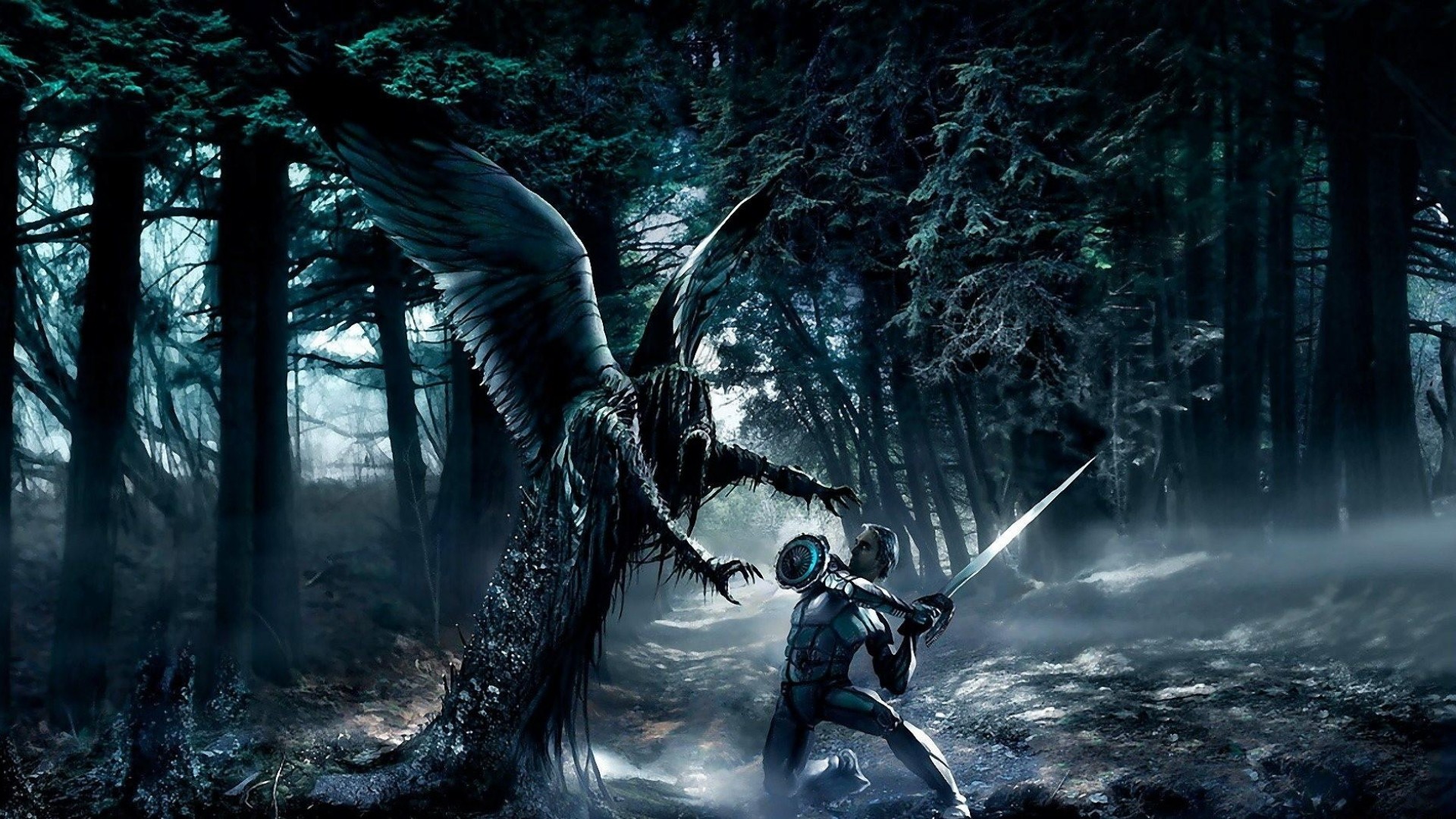 1920x1080 Preview wallpaper demon, wings, forest, warrior, sword, protect 