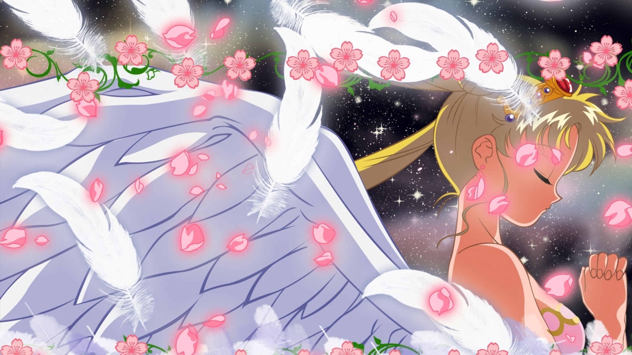 2048x1152 Preview wallpaper sailor moon, tsukino usagi, girl, wings, flowers 