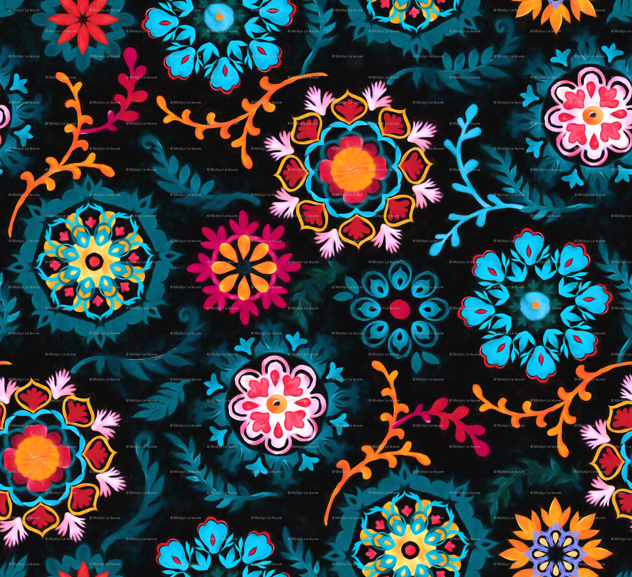 2189x2000 Suzani Inspired Flowers on Black - small wallpaper - micklyn - Spoonflower