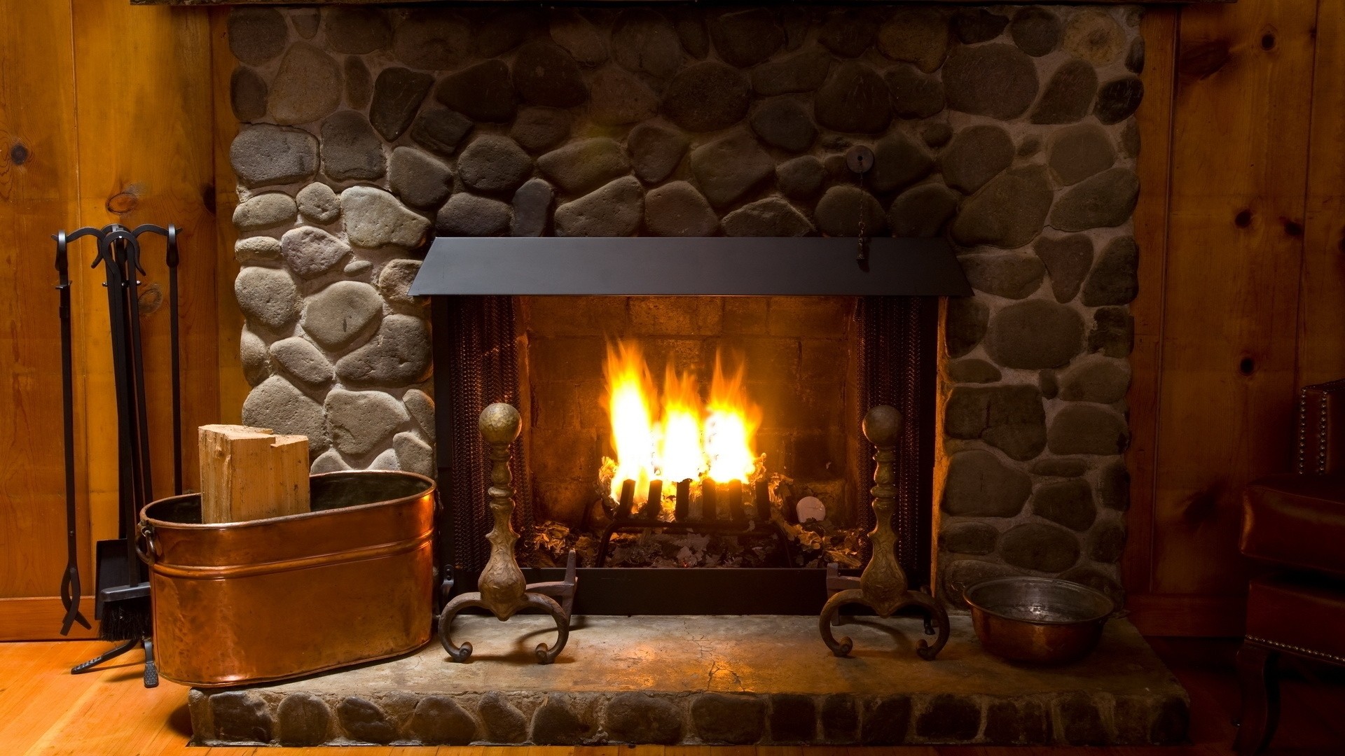 1920x1080 Preview wallpaper fireplace, cozy, interior, lamp 